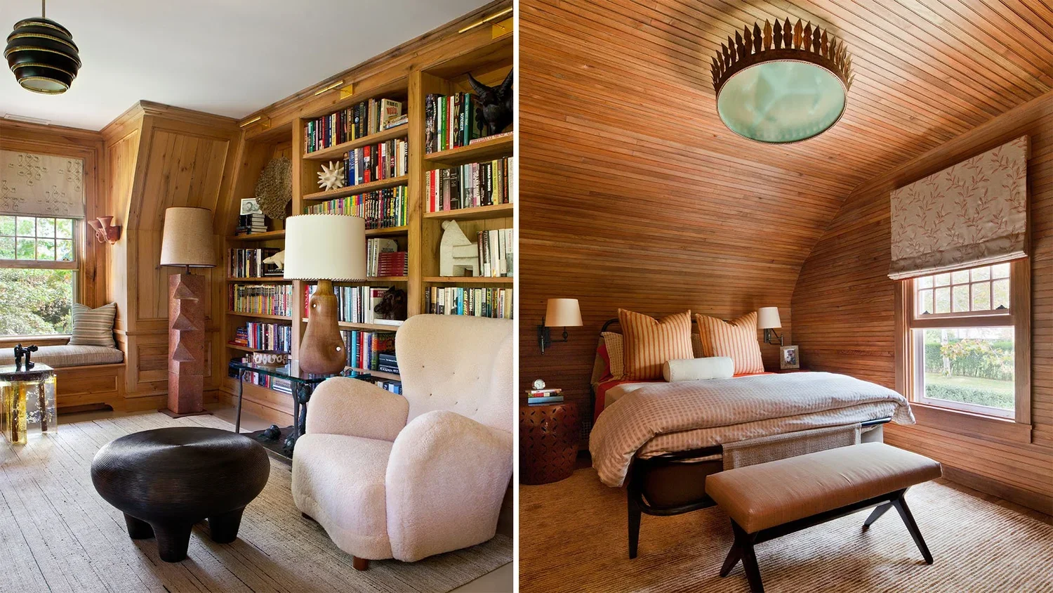 Side-by-side images of bedrooms with wood-paneled walls. The left bedroom has a large built-in bookshelf, armchair, and window seat, with a window showing outdoors. The right bedroom has a bed with striped pillows, side tables, and a bench in front o