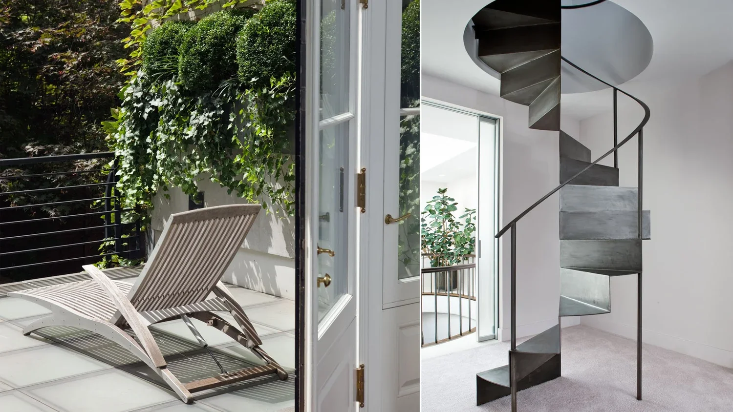 Split-screen image showing outdoor patio with lounge chairs and greenery on the left, and indoor space with modern spiral staircase and potted plants on the right.