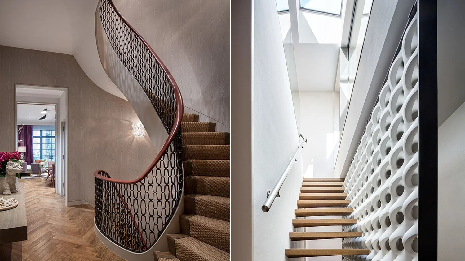 Split view of two staircases: on the left, a curved staircase with a decorative black and brown railing inside a home; on the right, a modern staircase with wooden steps and a white decorative wall inside a building.