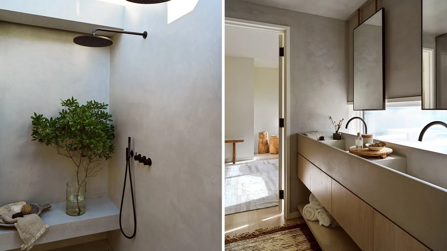 Split image of a modern bathroom: left side features an outdoor shower with a black rainfall showerhead, a potted plant, and towels; right side shows a contemporary vanity with two sinks, mirrors, and towels underneath, with a window providing natura
