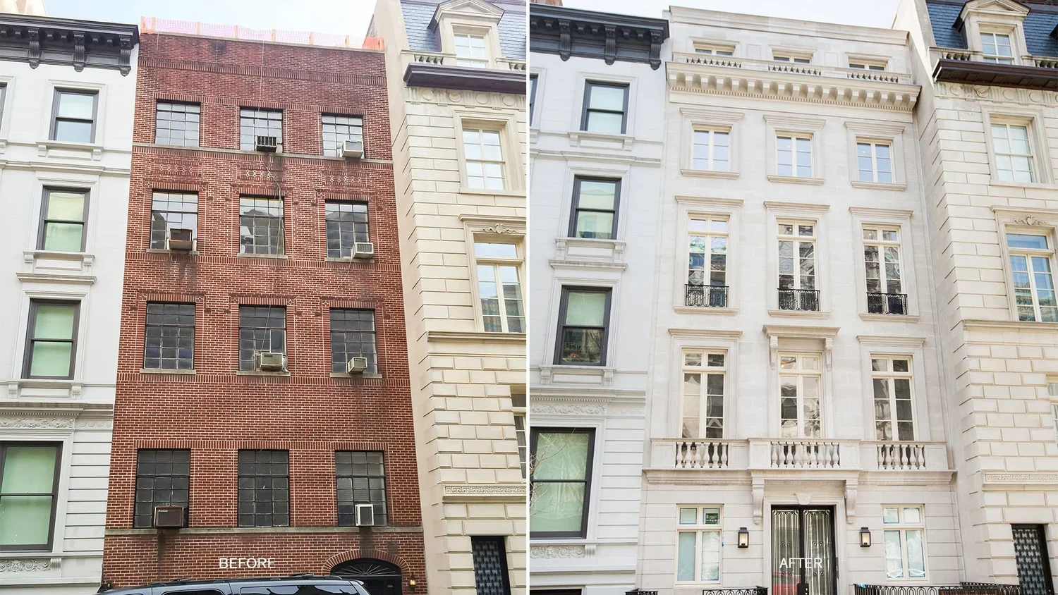 Before and after images of building renovations. The left shows a red brick building with multiple air conditioning units and dark window frames. The right shows the same building after renovation, now with a white facade, larger windows, decorative 