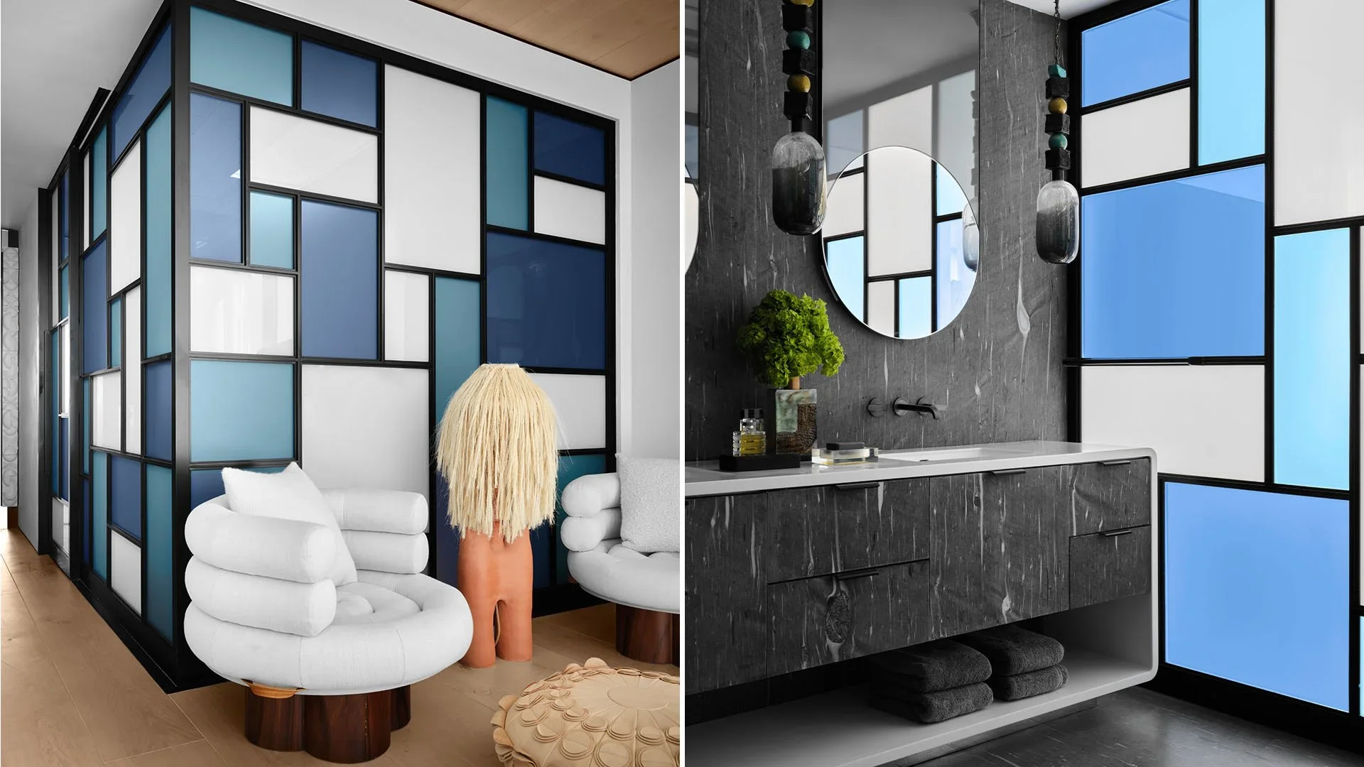 Split image of two modern interiors. The left side features a room with a black-framed glass partition with blue, white, and clear panels, white lounge chairs with unique curved designs, and wooden flooring. The right side shows a bathroom with a bla