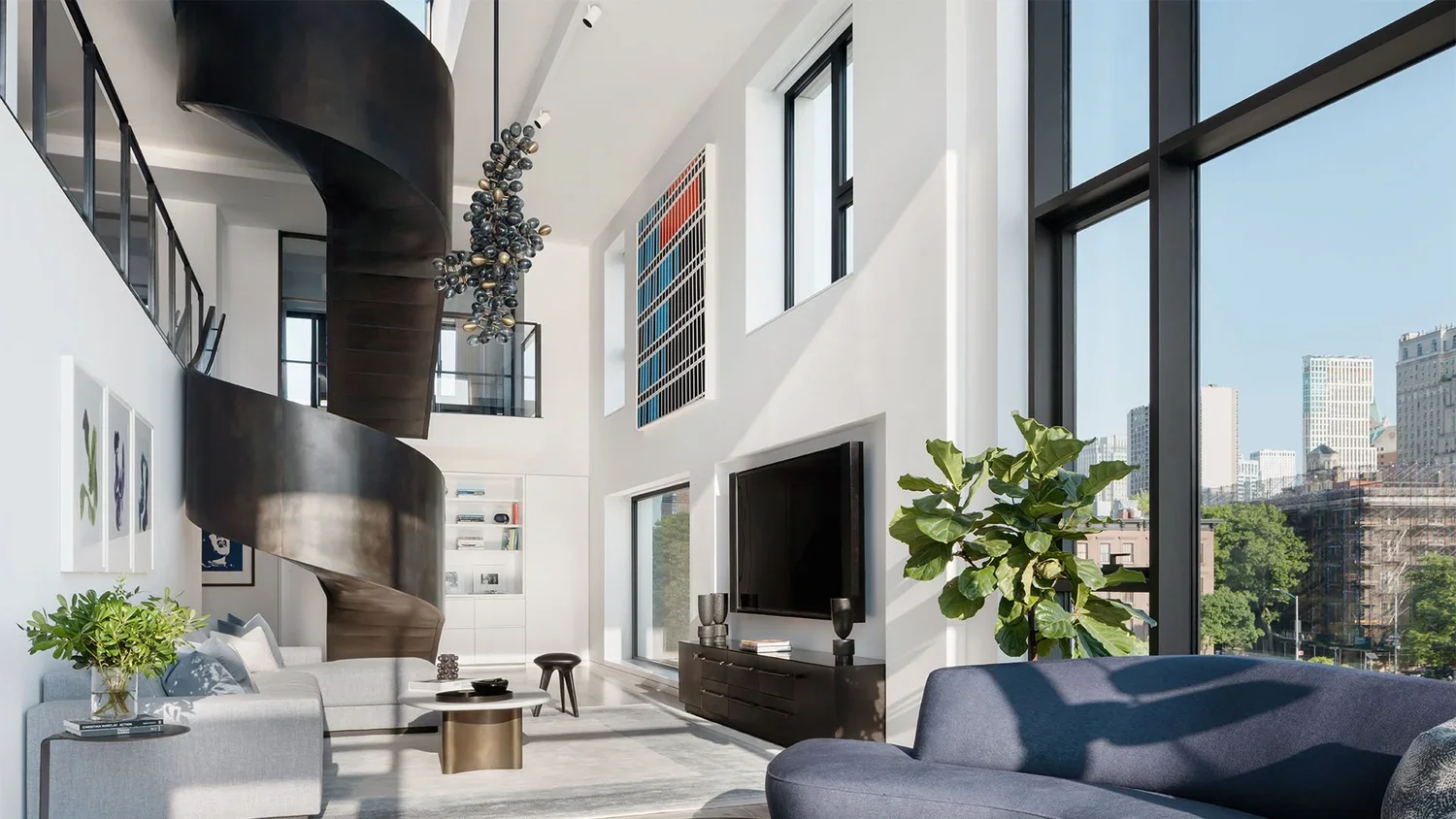 Modern living room with large floor-to-ceiling windows, a black spiral staircase, a wall-mounted flat-screen TV, and contemporary furniture.