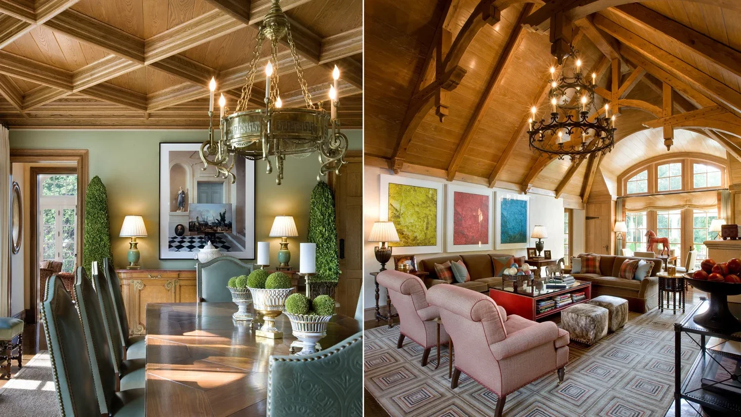 Side-by-side images of two rooms with wooden ceilings and chandeliers. The left side shows a dining room with a large wooden table, green chairs, and a chandelier with candle-like lights. The right side shows a living room with pink armchairs, a brow