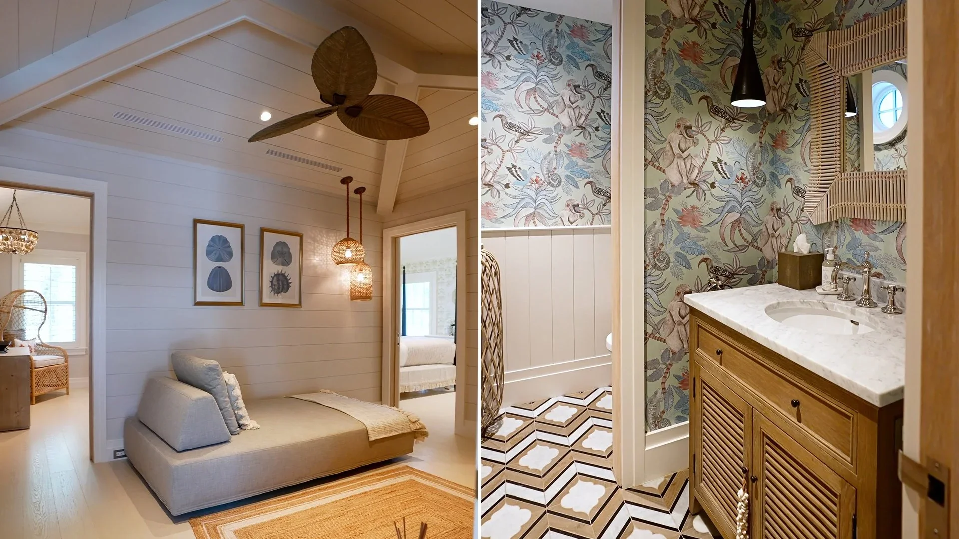 A bedroom and bathroom with coastal or tropical decor. The bedroom features white paneled walls, a ceiling fan, framed artwork, a beige daybed with pillows, and hanging woven light fixtures. The bathroom has a vanity with a marble countertop, a frame