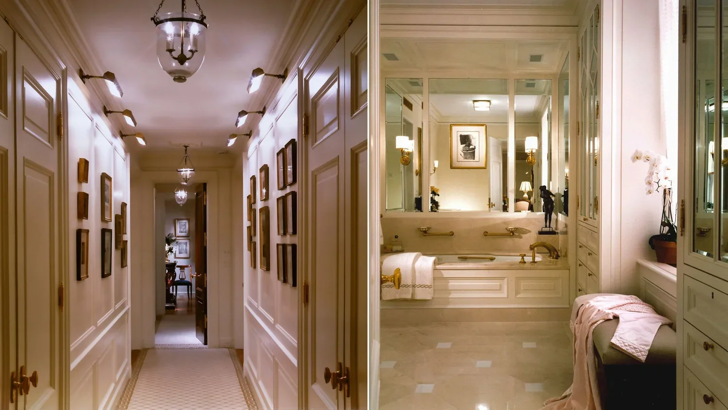 Comparison of a long, narrow hallway with white paneled walls and multiple light fixtures on the left, and a spacious, brightly lit bathroom with white cabinetry, a bathtub, and decorative accents on the right.