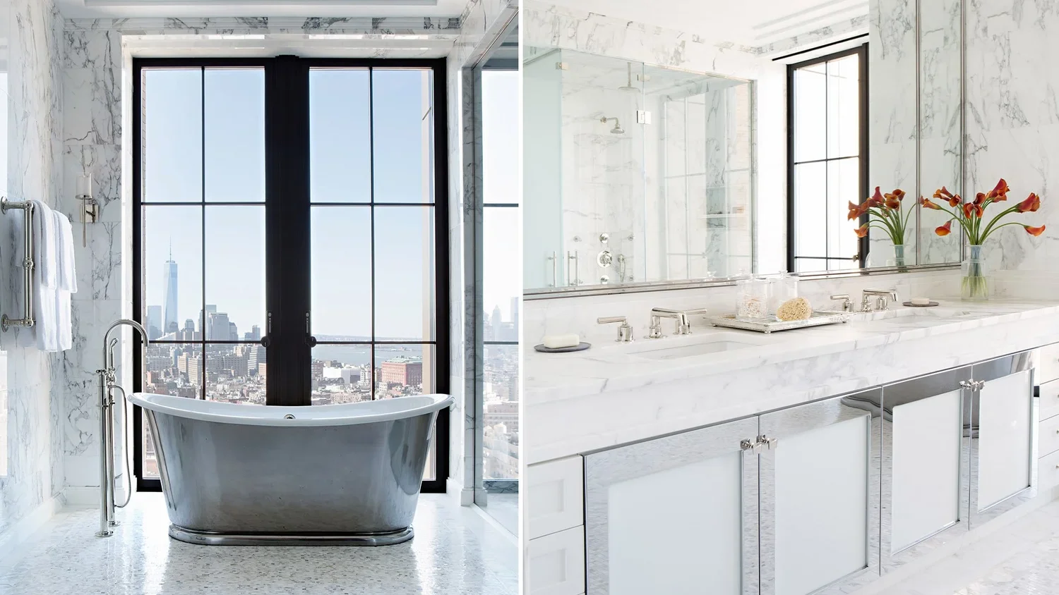 A luxurious bathroom featuring a freestanding bathtub by a large window with a city view on the left, and a marble countertop with two sinks, a mirror, and decorative flowers on the right.