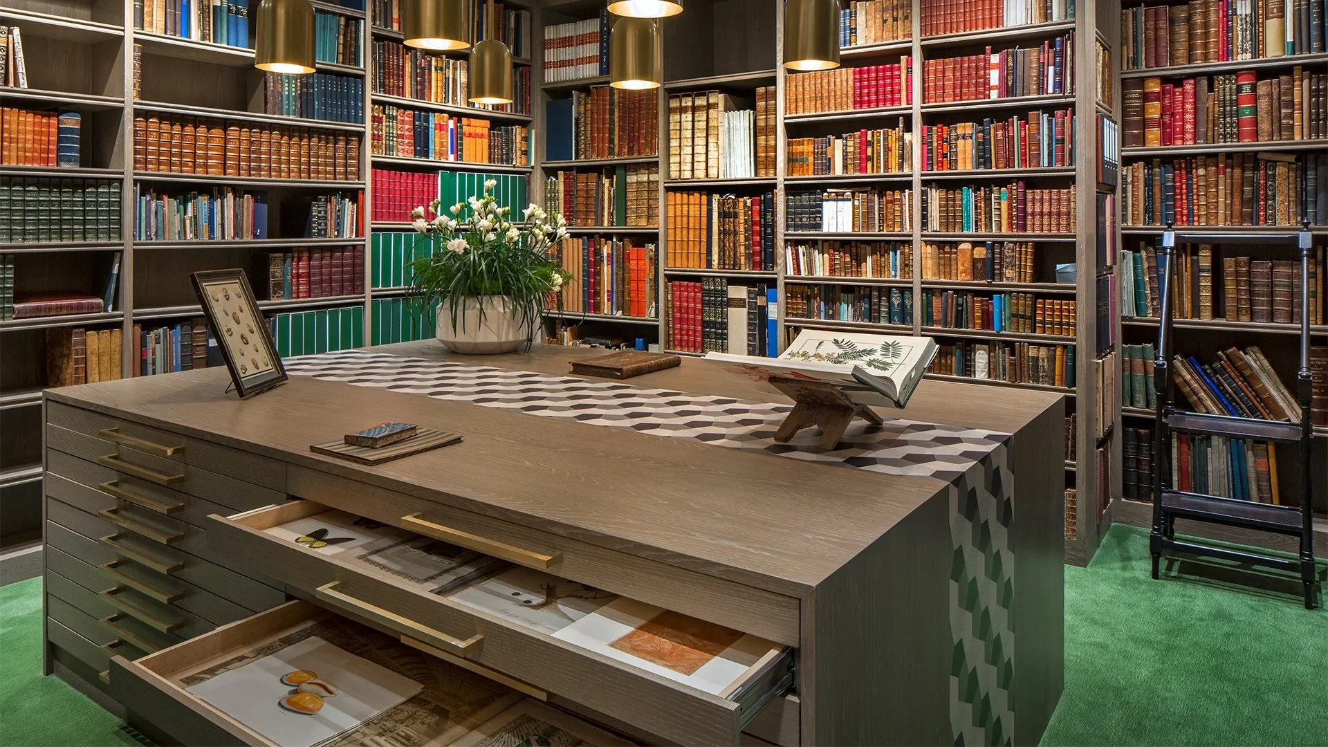 Interior of a library with tall wooden bookshelves filled with old and new books, a wooden desk with a patterned top, a potted plant, an open book on a stand, and framed pictures, with warm lighting and green carpet.