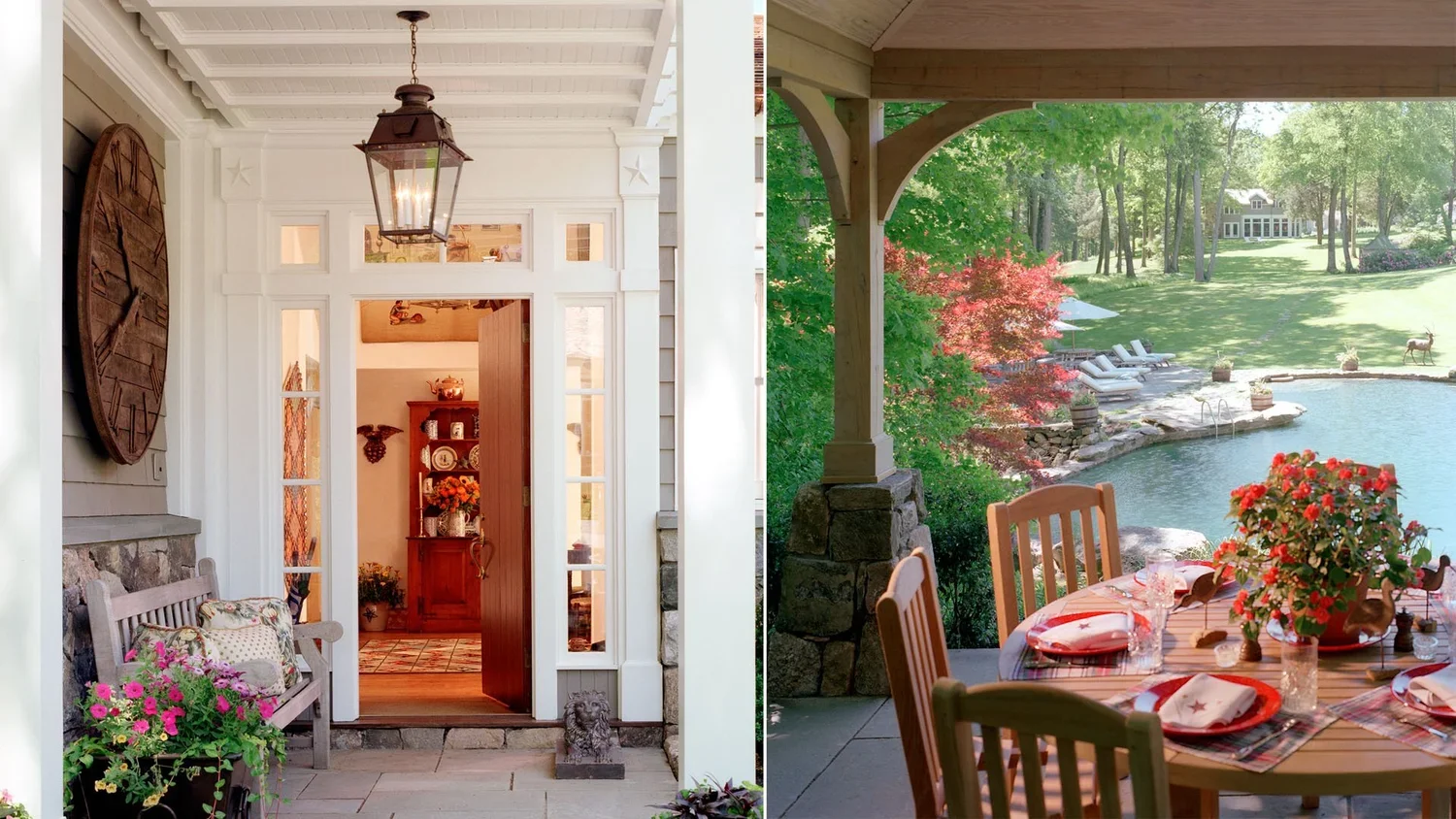 Split view of a porch and garden: the left shows an inviting porch entrance with white walls, a hanging lantern, a wooden bench with cushions, potted flowers, and an open door revealing a cozy interior. The right shows an outdoor dining table set wit