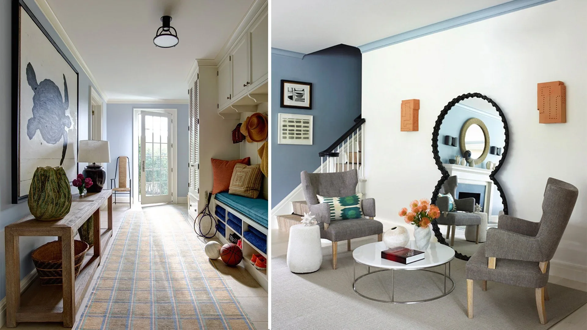 Split view of two rooms: left side shows a hallway with a light-colored rug, a wooden console with a large green vase, a table lamp, and artwork, leading to a door with glass panels; right side shows a sitting area with two gray armchairs, a white co