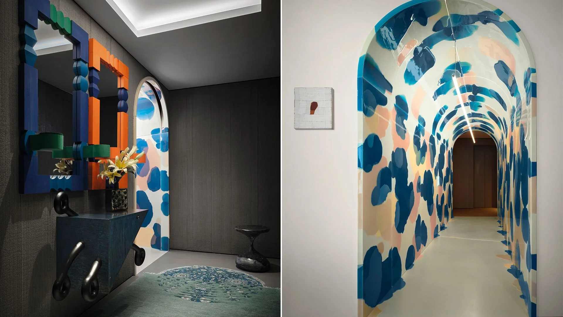 A collage of two interior spaces: on the left, a modern room with dark walls, colorful geometric decor, a mirror, a small table with flowers, and an abstract-patterned rug; on the right, a hallway with plumbing pipe-like ceiling, painted with blue an