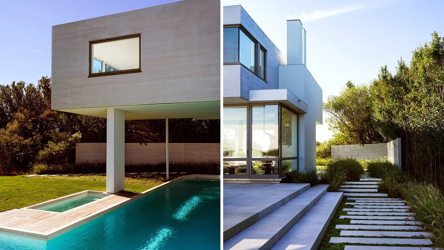 Side-by-side comparison of two modern houses. The left house has a rectangular shape with a light-colored facade, a pool in the backyard, and a large window, set against a backdrop of trees. The right house features a more angular, boxy design with l