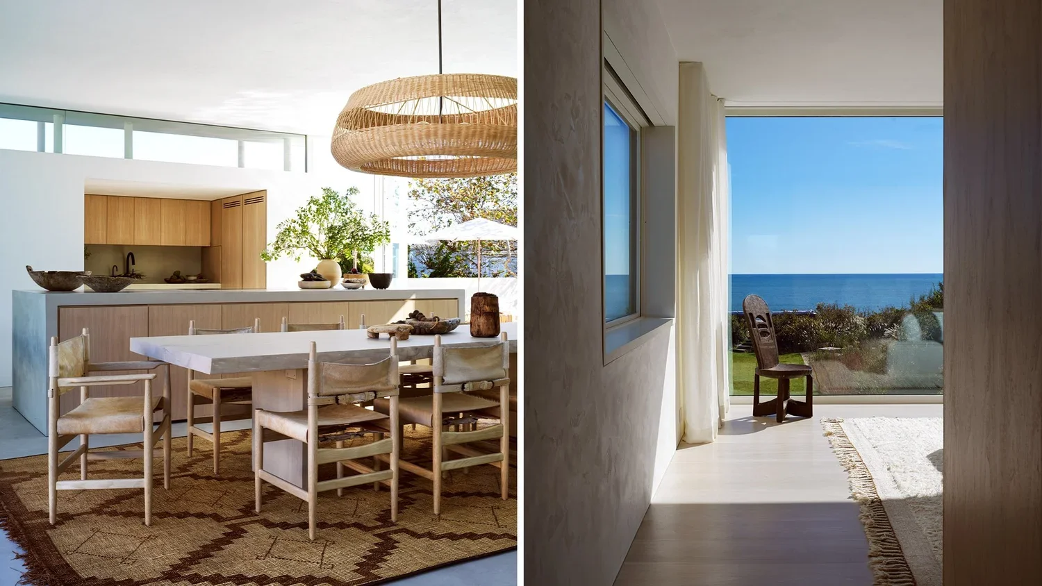 Split view of two rooms: left shows a modern kitchen and dining area with a white table, wooden chairs, a large woven pendant light, and natural decor; right shows a bright room with a large window overlooking an ocean, a chair by the window, and lig