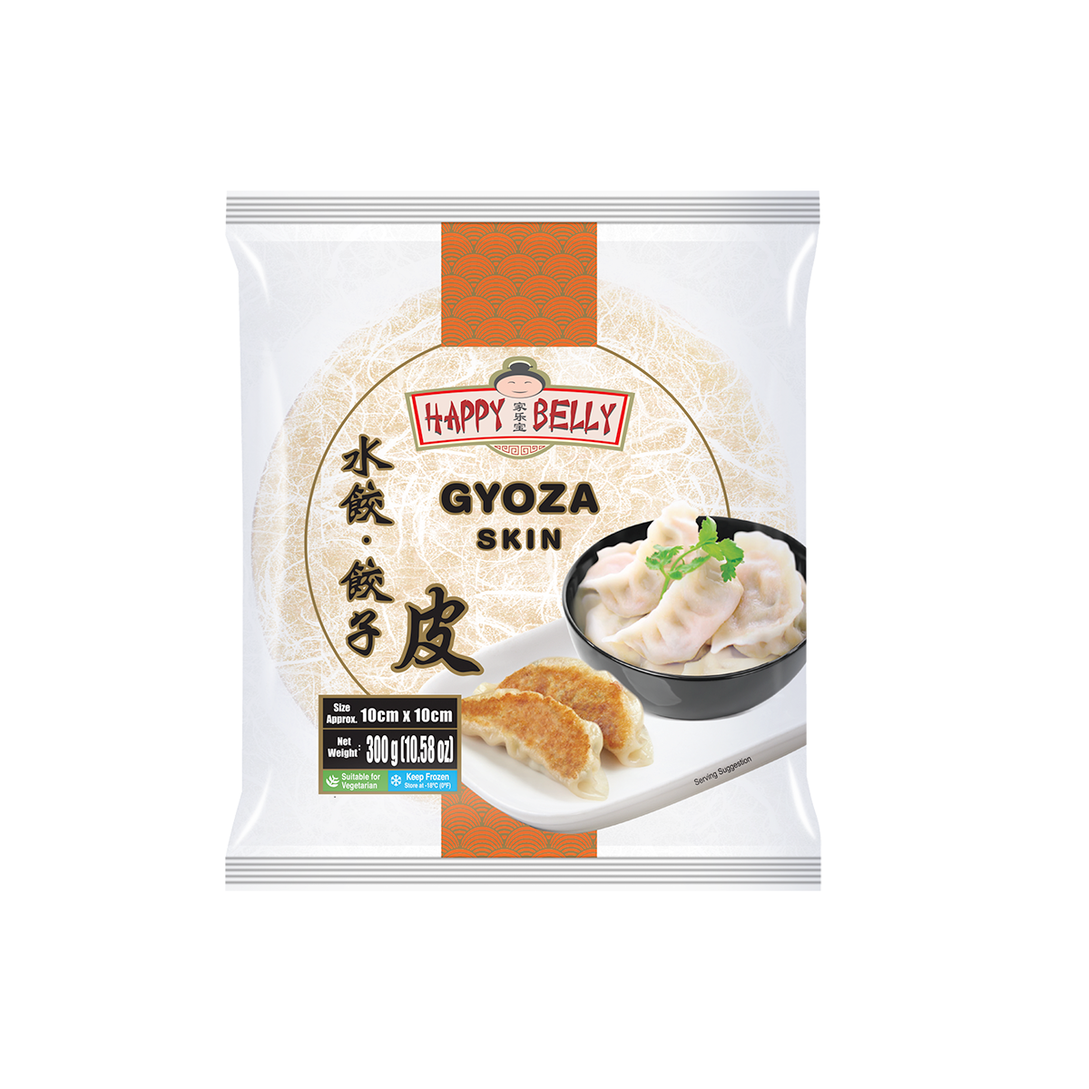 GYOZA SKIN 10 Cm

Wt/Pkt - 300g
Packing/Ctn - 300g x 30 packs
Net Wt/Ctn - 9.00kg
Gross Wt/Ctn - 10.00kg

Suitable for Vegetarians 
Halal Certified