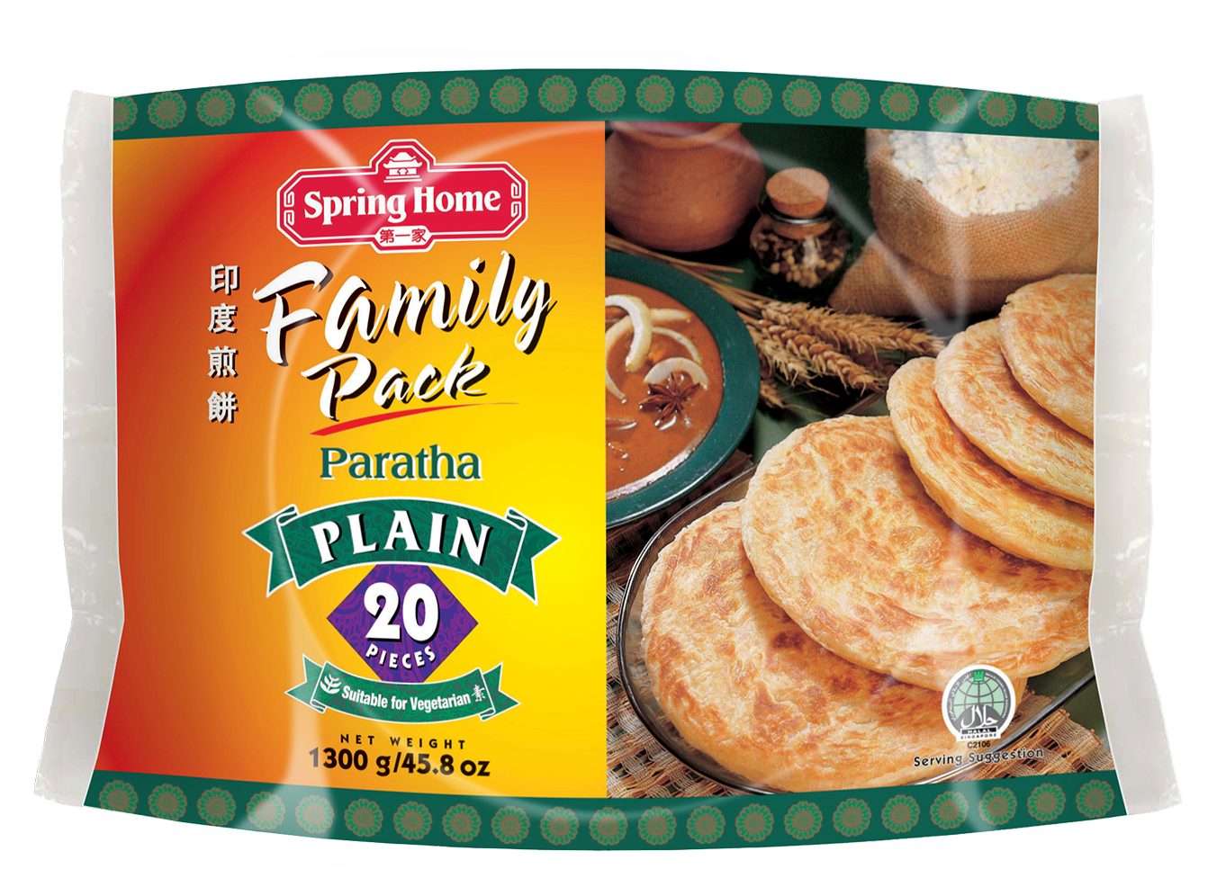 PARATHA (PLAIN) – 20 PIECES

Wt/Pkt - 1950g
Packing/Ctn - 20pcs × 6pkts
Net Wt/Ctn - 7.80kg
Gross Wt/Ctn - 8.60kg

Suitable for Vegetarian Halal Certified