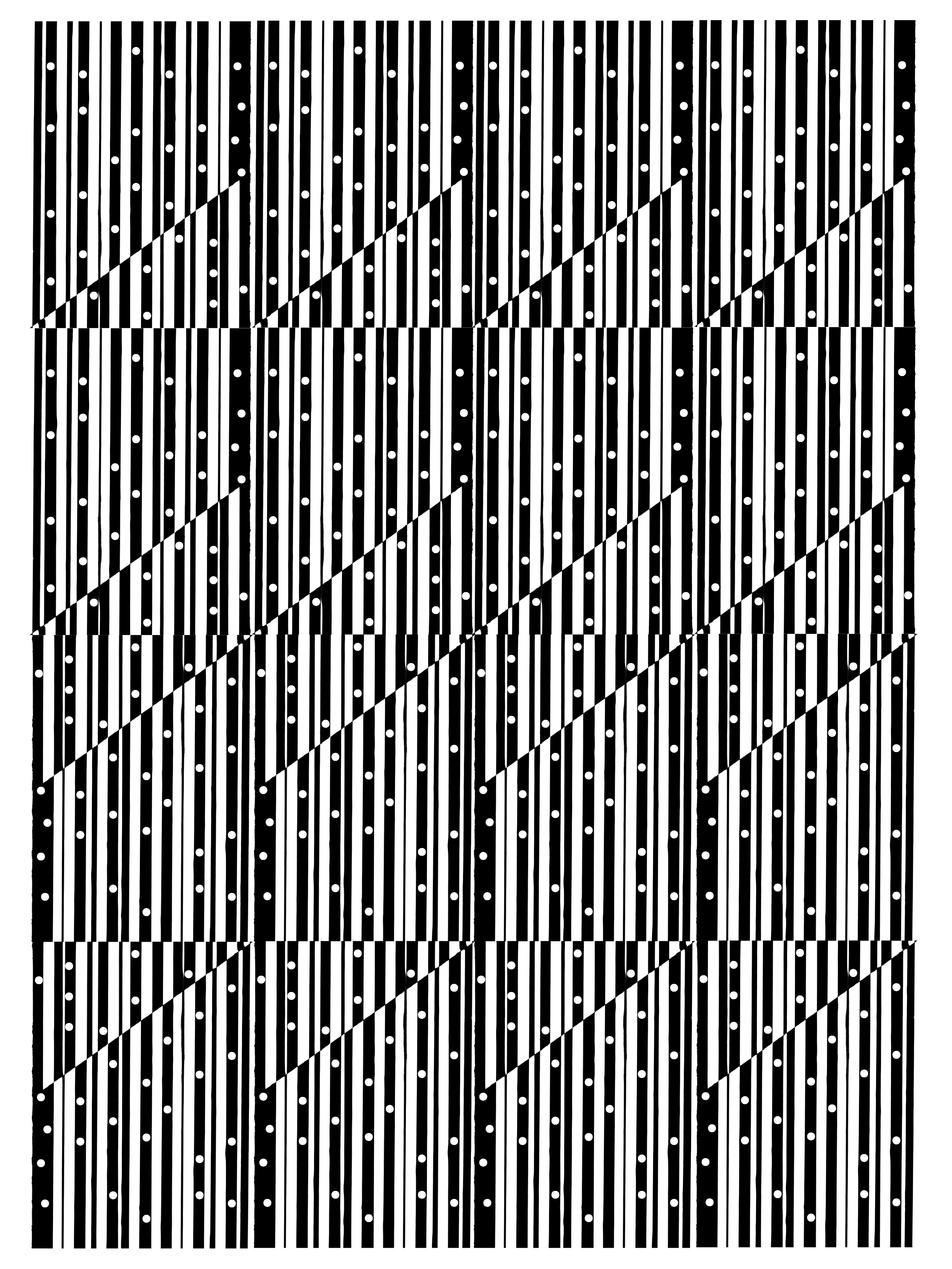 Abstract black and white pattern with vertical lines, dotted lines, and diagonal dividing lines.