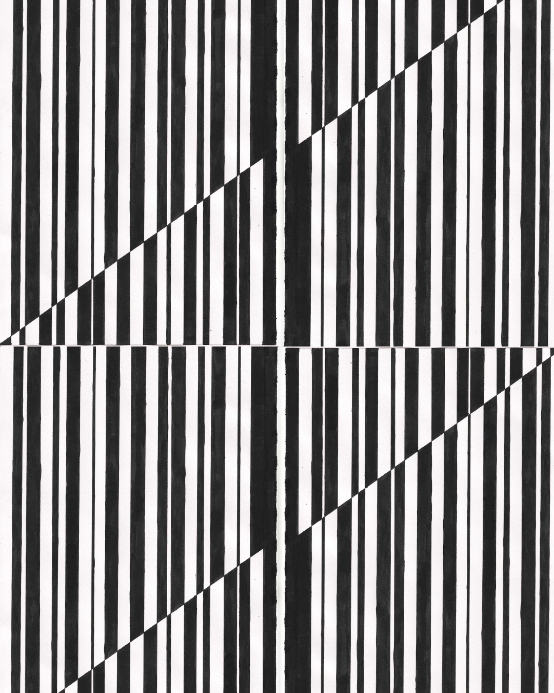 Two panels of black and white vertical stripes with diagonal lines crossing through both panels.