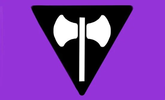 White depiction of labrys on downwards-pointing black triangle on a purple field.