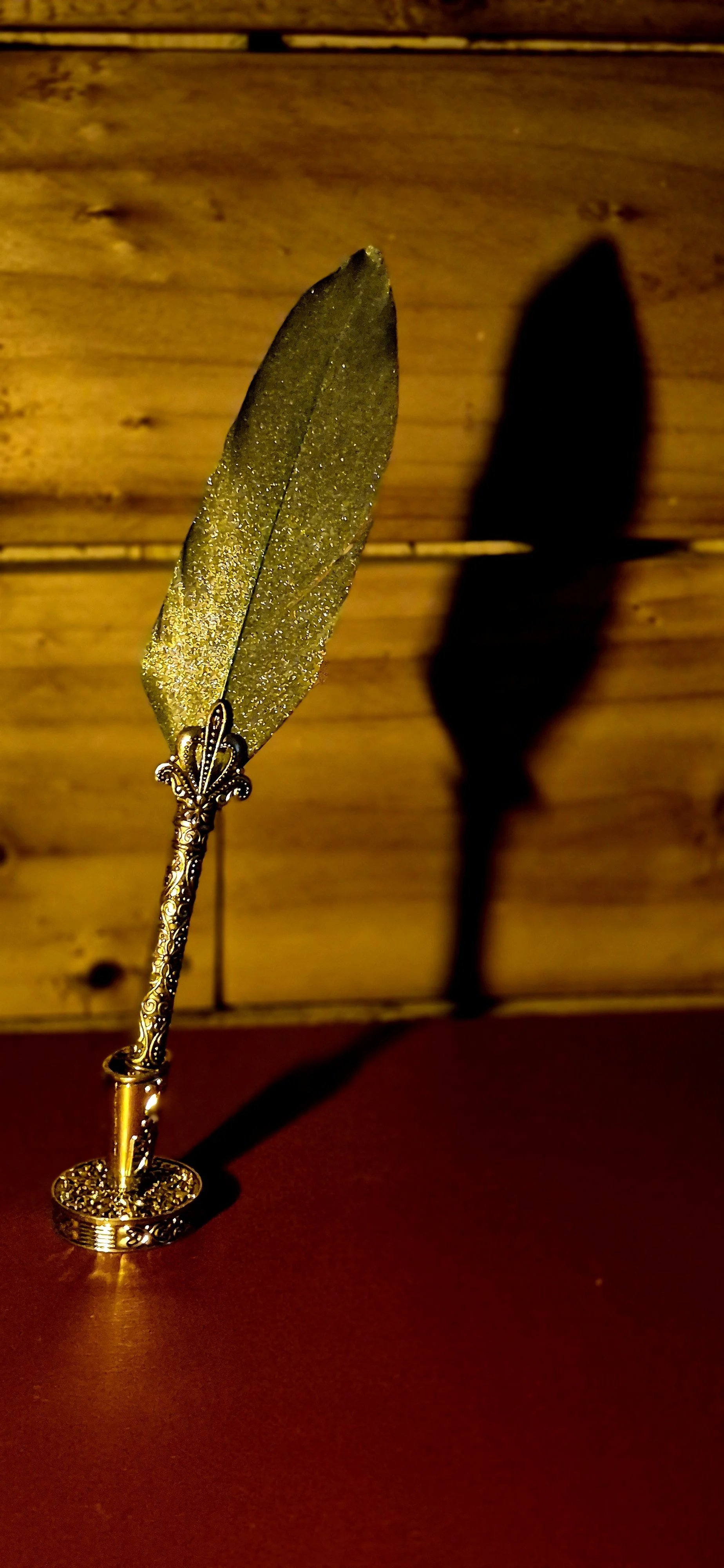 Sparkling quill pen with dramatic shadow