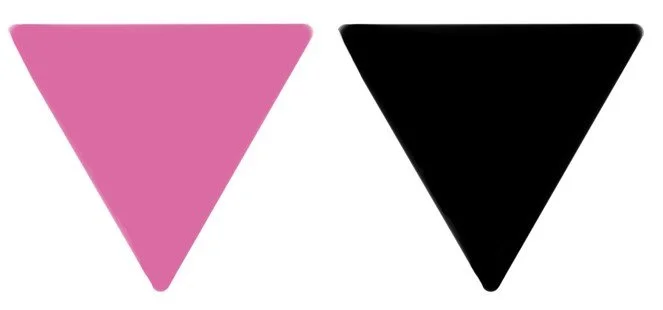 Downwards-pointing pink triangle on the left, and a downward pointing black triangle on the right.