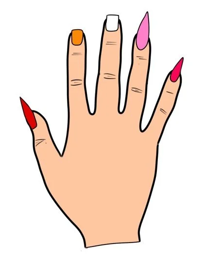 Drawing of a lesbian manicure. All nails are long except index and middle finger nails. Each nail is painted different colour of the lesbian pride flag.