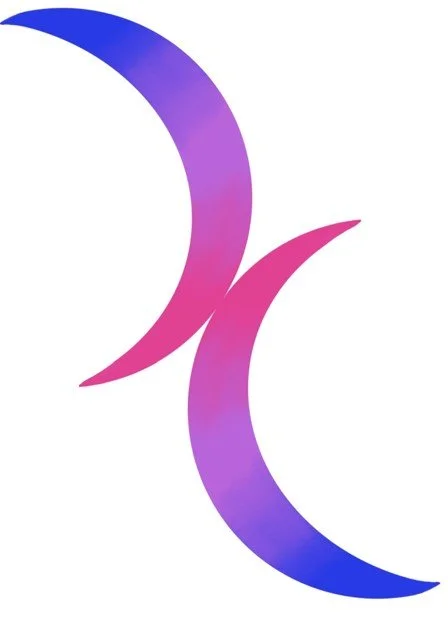 Two back to back crescent moons, one higher than the other. The colour gradates from blue, through lavender, to pink.