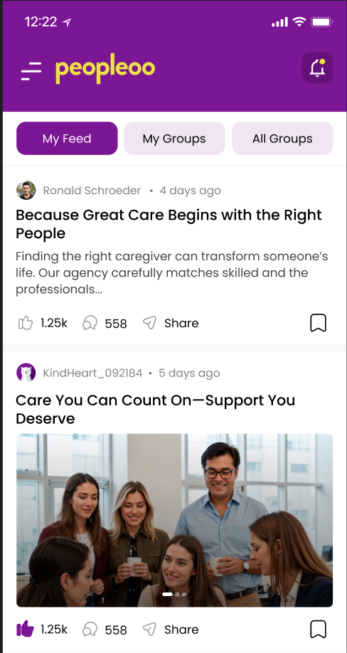 The Peopleoo app home feed showing Circles of Care