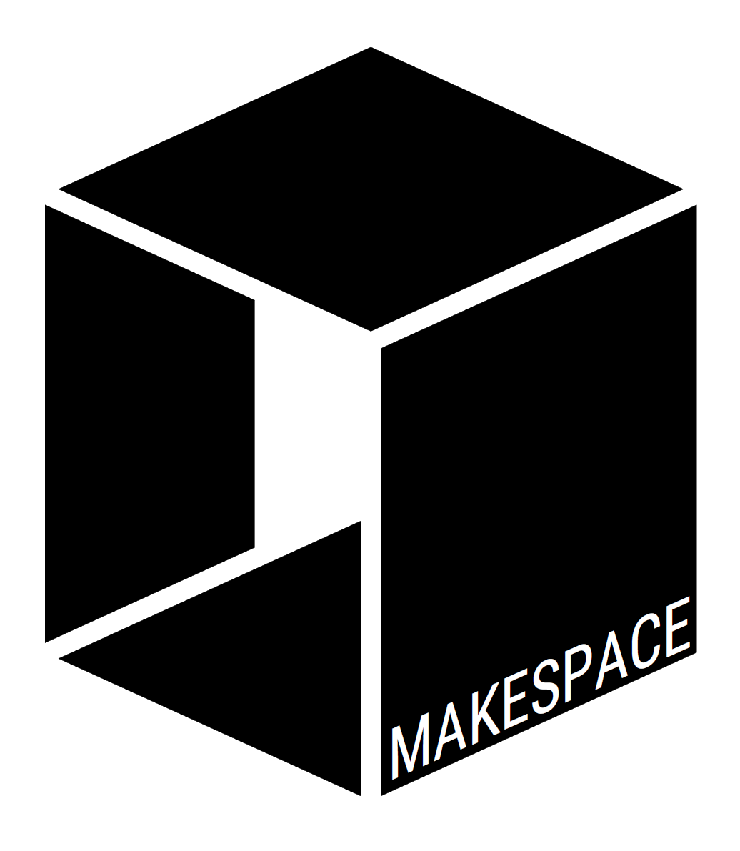 A black and white logo featuring a cube divided into sections, with the word 'MAKESPACES' written in white at the bottom right corner of the cube.