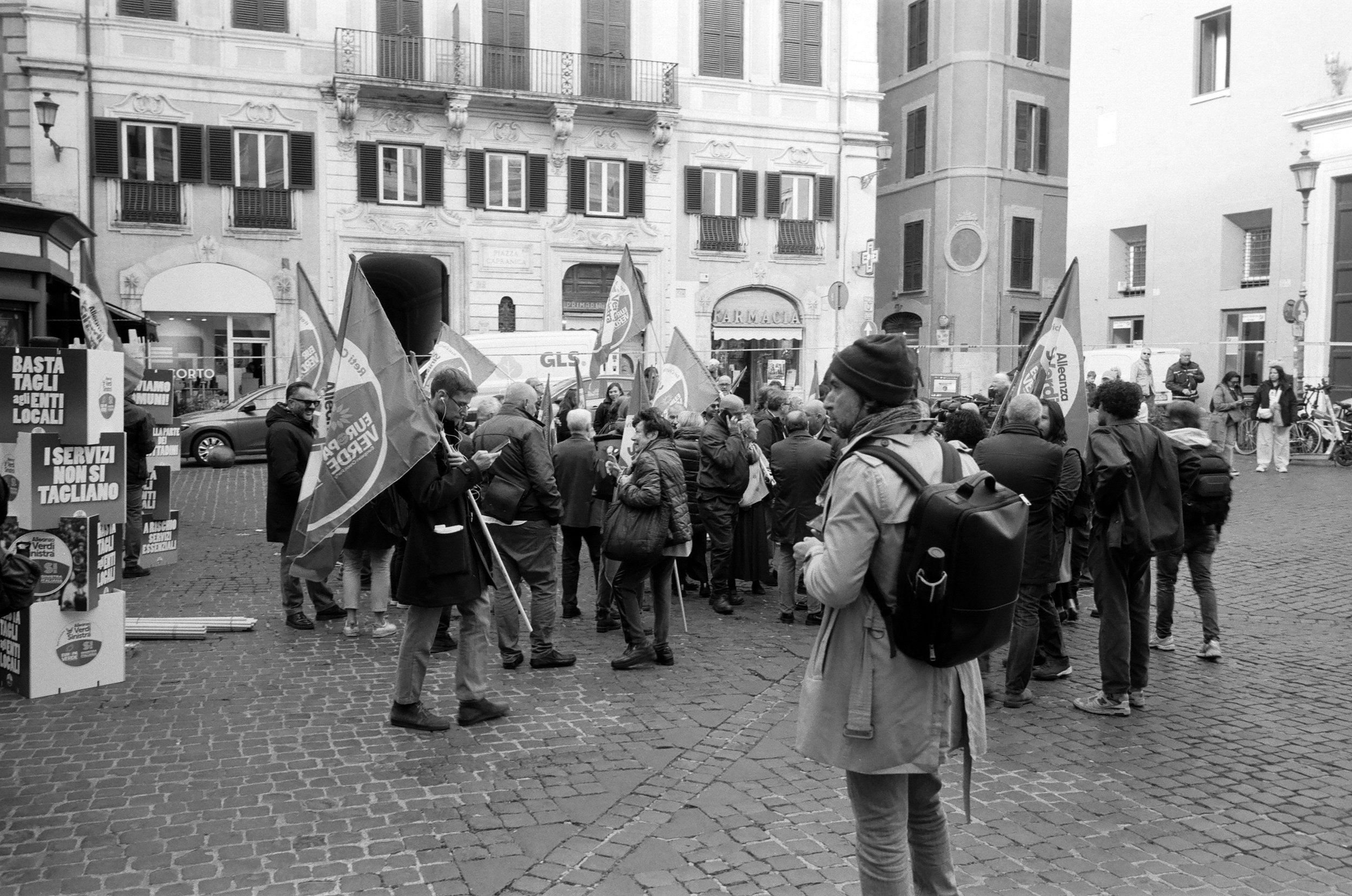 Preparing for a demo, Rome. Ilford FP4. 