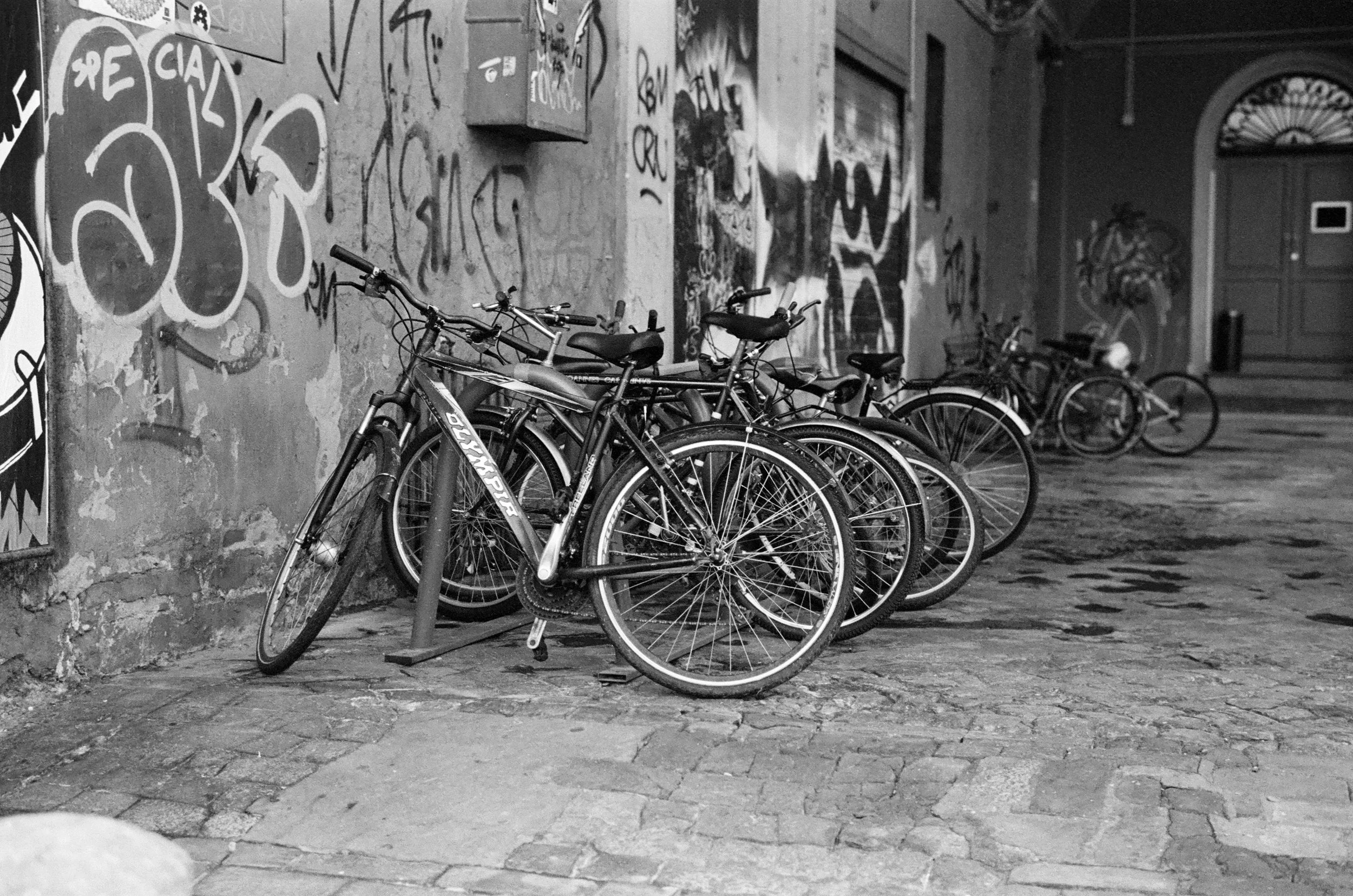 Discarded bicycles, Bologna. Kodak Tri-X 400.