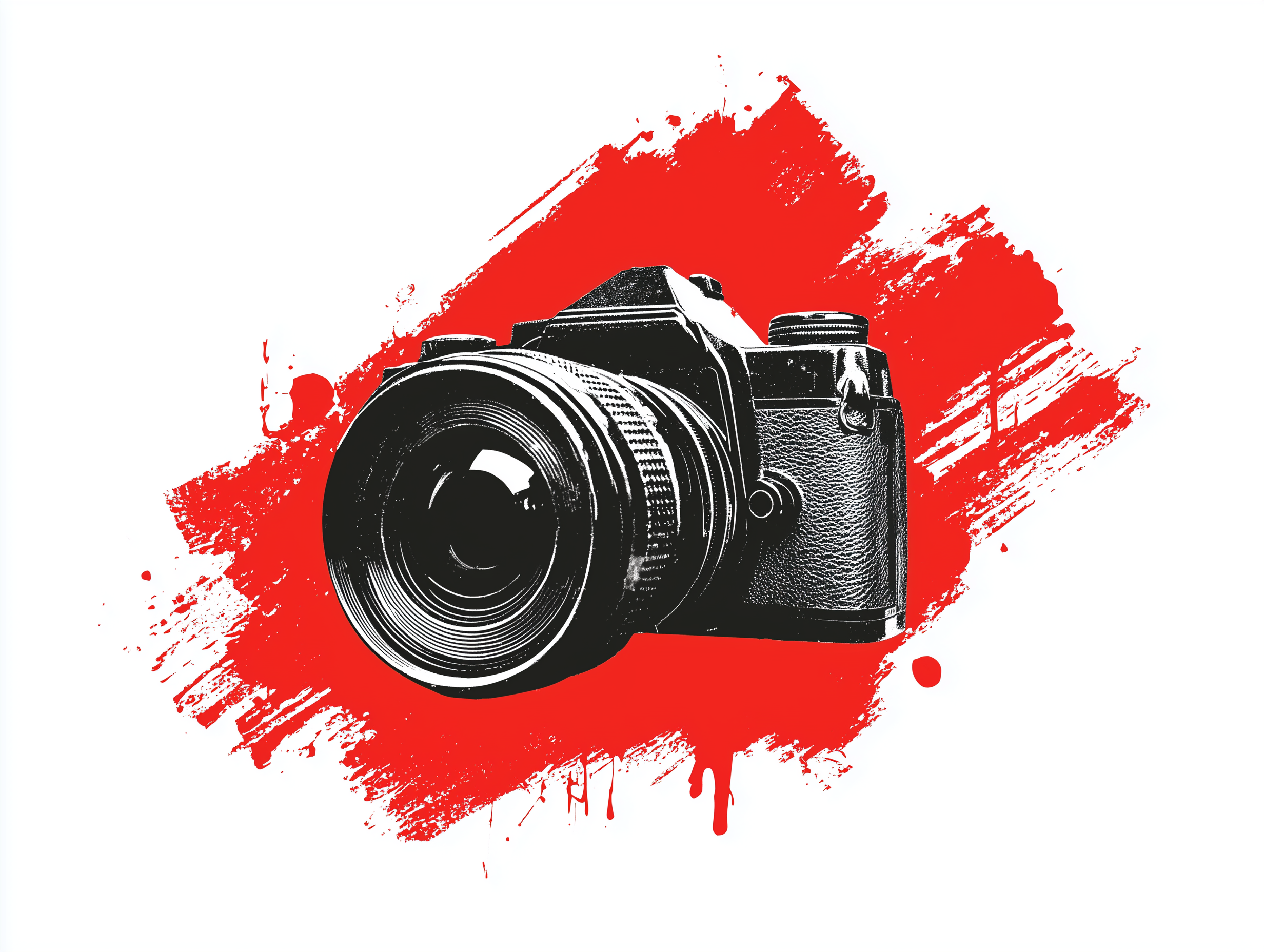 Black camera illustration with a red paint splash background.