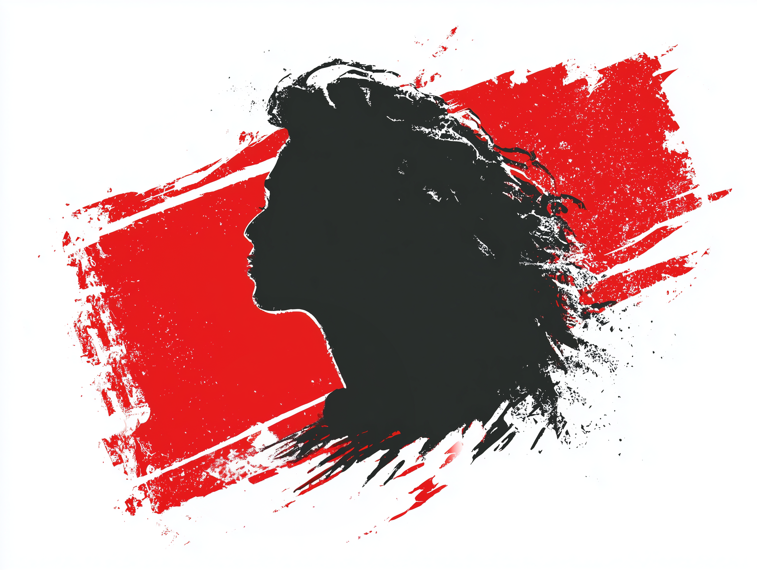 Silhouette of a woman's profile with flowing hair, set against a red and white abstract background.