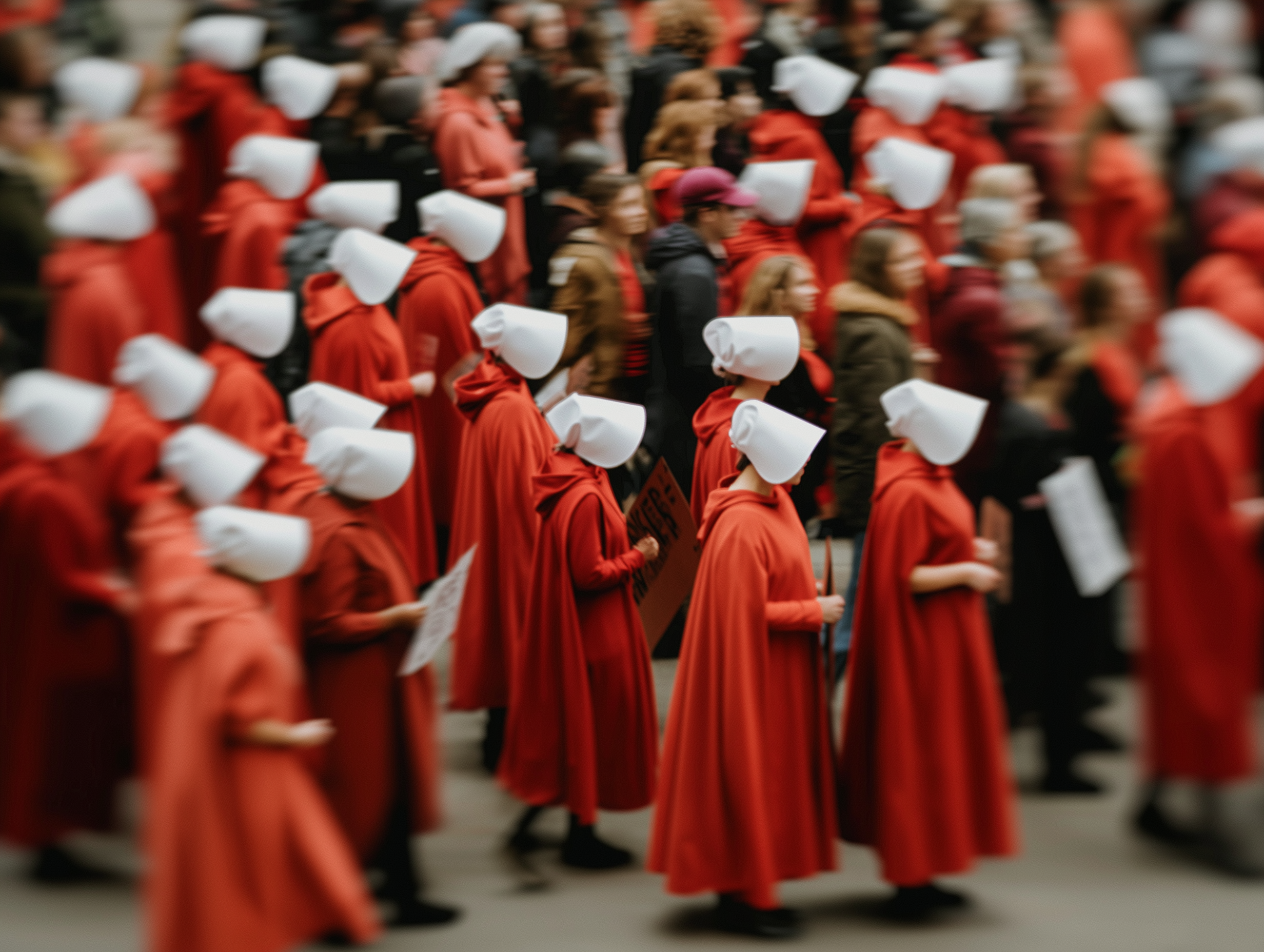 A large group of women dressed in red robes and white bonnets participating in a parade or march.