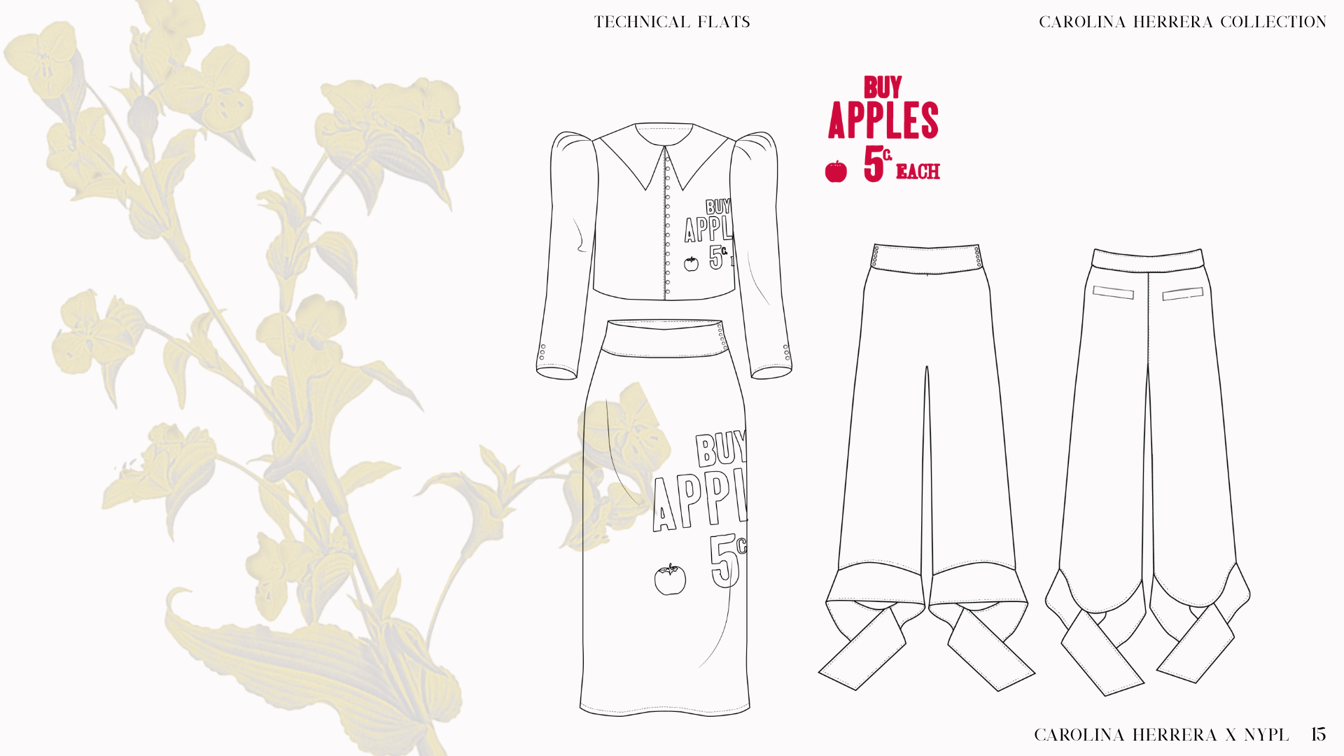 Fashion design technical flats featuring a cropped blouse with long sleeves, a high waist skirt, and loose-fitting wide-leg pants. The blouse has a shirt collar and button details. The outfit displays a promotional pattern with the text "Buy Apples 5
