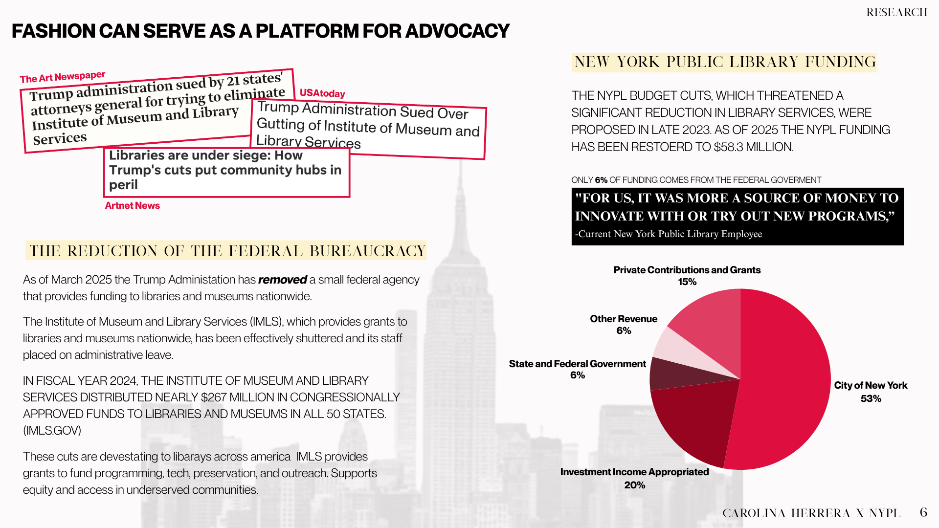 A webpage titled "Fashion Can Serve as a Platform for Advocacy" discusses New York Public Library funding cuts. It includes headlines from news sources about litigation and library closures, with a quote from a library employee emphasizing the import