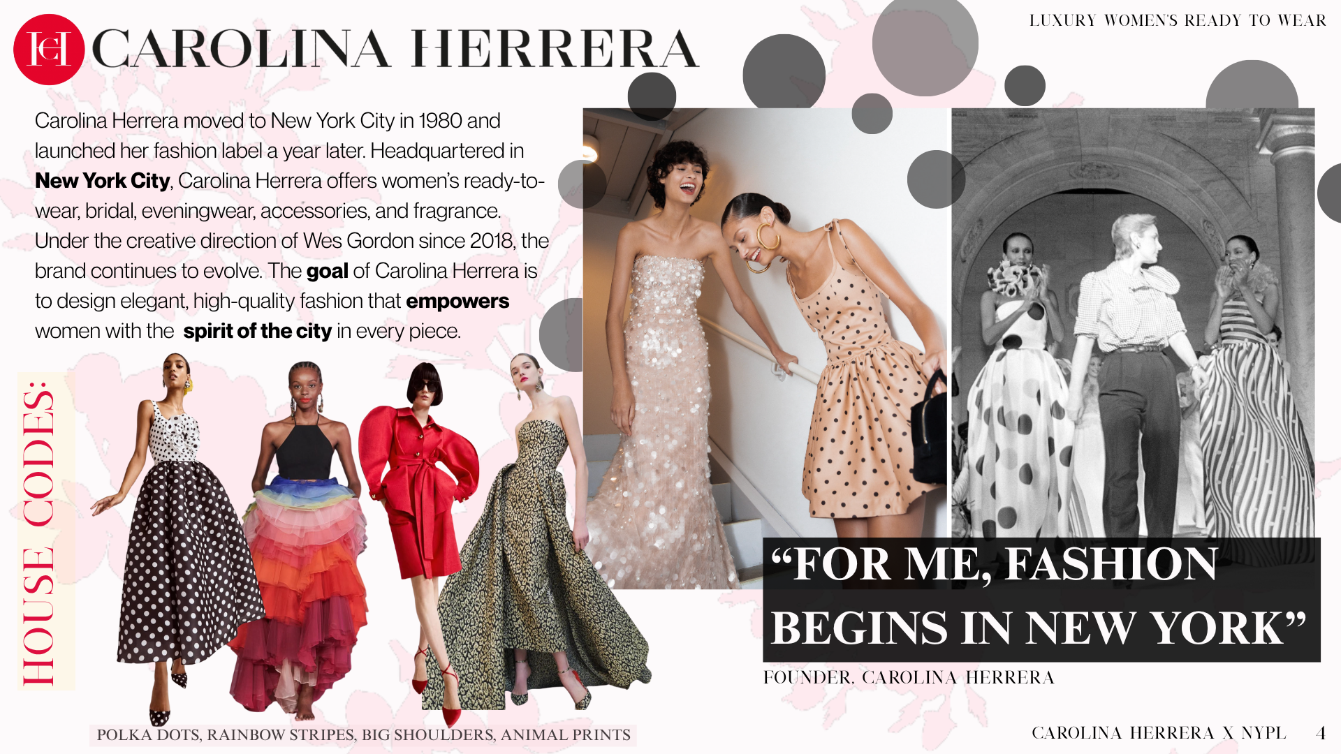 A digital collage of Carolina Herrera fashion, including a quote from the founder, images of models in polka dot, animal print, and colorful dresses, and historical black-and-white photo of women and a woman in a polka-dot dress.