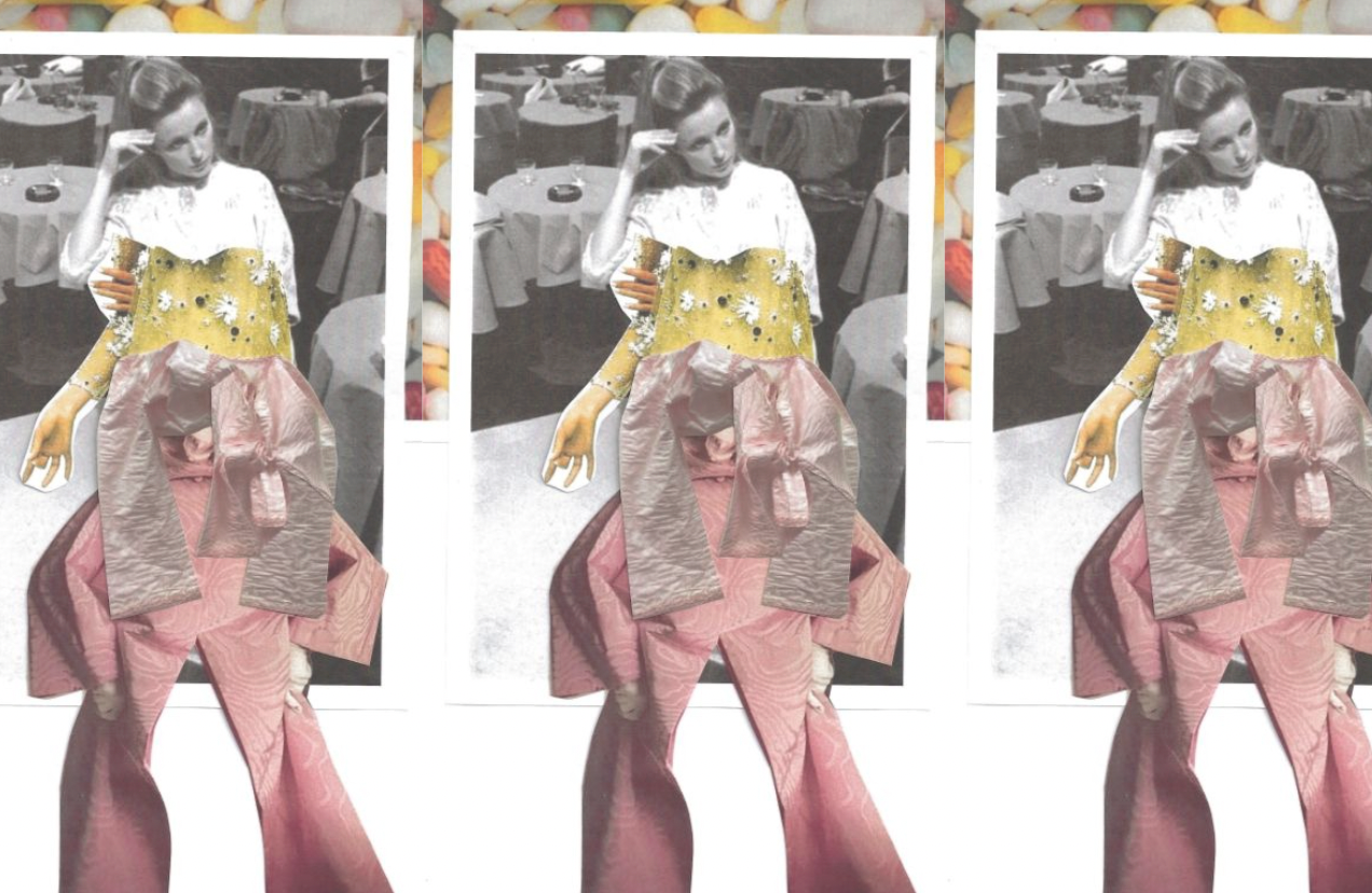 A collage of three mirrored images showing a woman sitting at a table in a restaurant, with colorful, cut-out fashion elements layered over her, including a yellow top with floral patterns, pink pants, and beige jacket, creating a surreal, artistic c