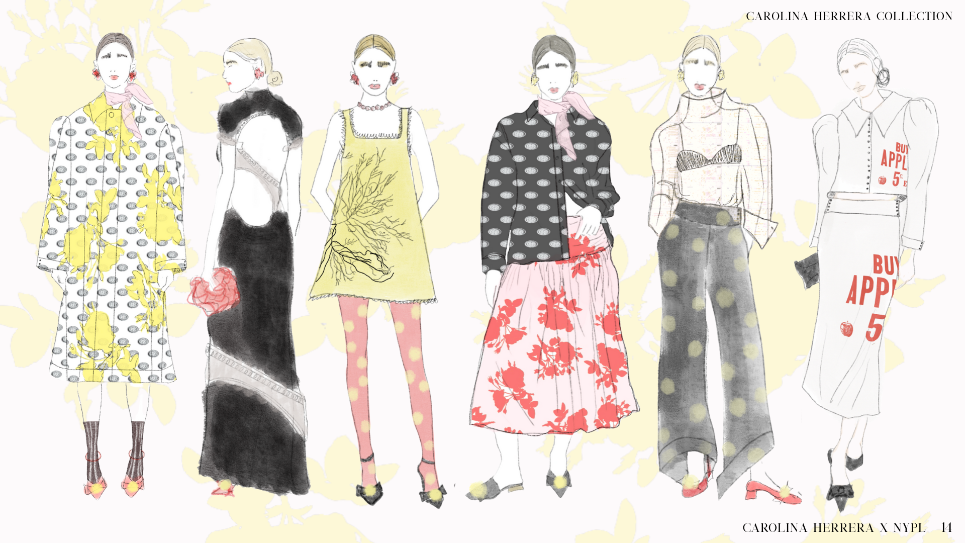 Illustration of seven women models in designer clothing, from Carolina Herrera Collection, featuring various dresses, skirts, and tops with bold patterns and colors, set against a light background with floral accents.