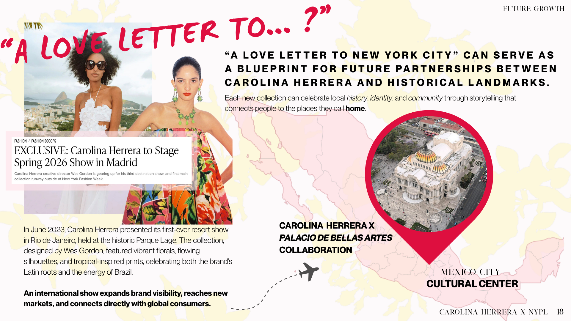 An infographic featuring two models wearing colorful dresses, a map of Mexico highlighting Mexico City, and a story about Carolina Herrera's spring 2026 show in Madrid. The infographic emphasizes a cultural collaboration between Carolina Herrera and 