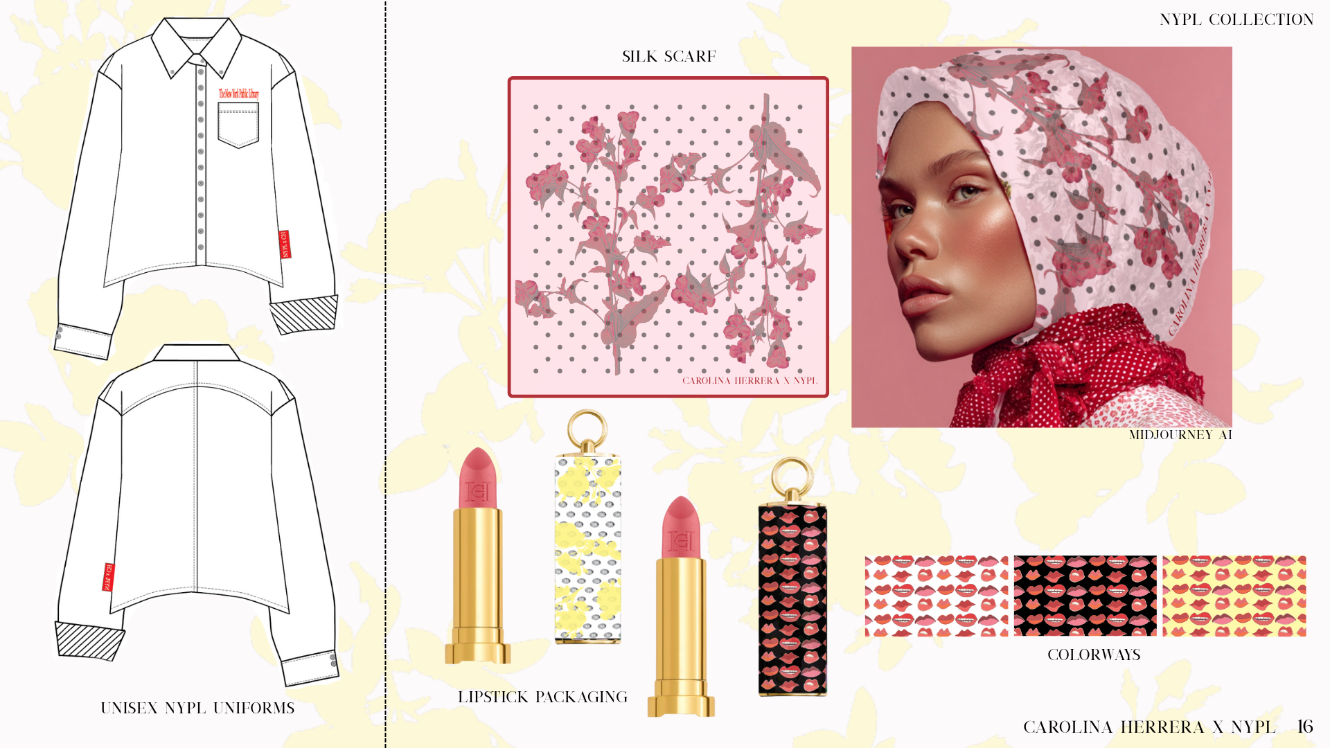Fashion collage featuring a unisex NYPL shirt design with front and back sketches, a silk scarf with pink floral pattern, a model wearing the scarf, lipstick packaging with floral design, lipstick shades, and fabric swatches with lip-motif patterns, 