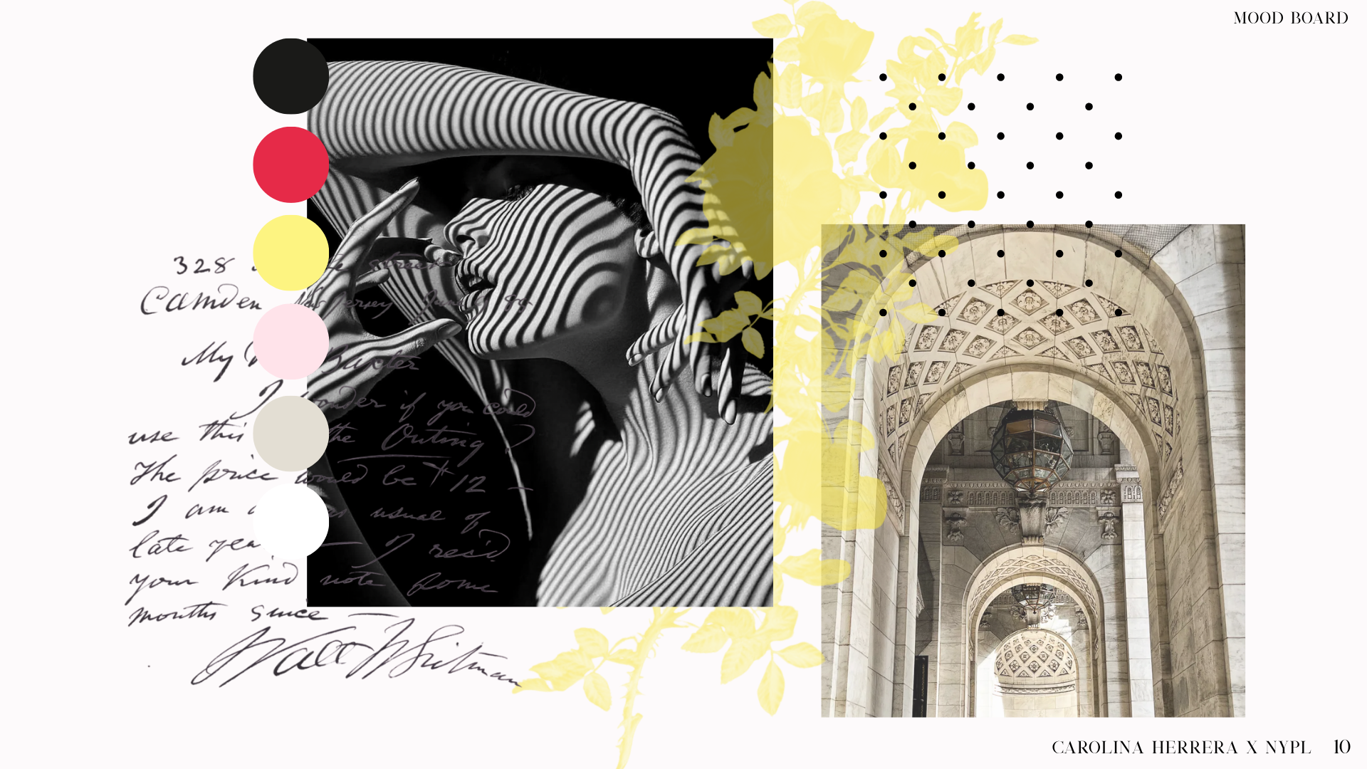 A collage featuring a black and white portrait of a woman with striped shadows across her face, handwritten script, colorful dots, yellow floral elements, and a photograph of an ornate architectural interior with arches and a hanging lantern.