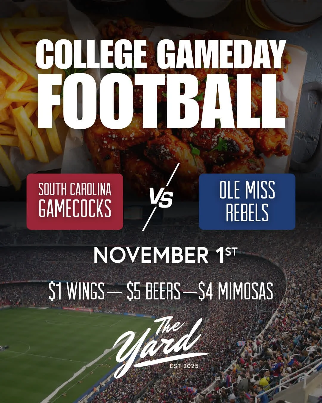 Gamecocks on the road, fans at The Yard. 🏈 $5 beers, hot wings, and every play on the big screens &mdash;your home-field advantage starts downtown at The Yard

#TheYardCola #GamecockNation #CollegeGameDay #FootballAndFood #BigScreenEnergy #DowntownC