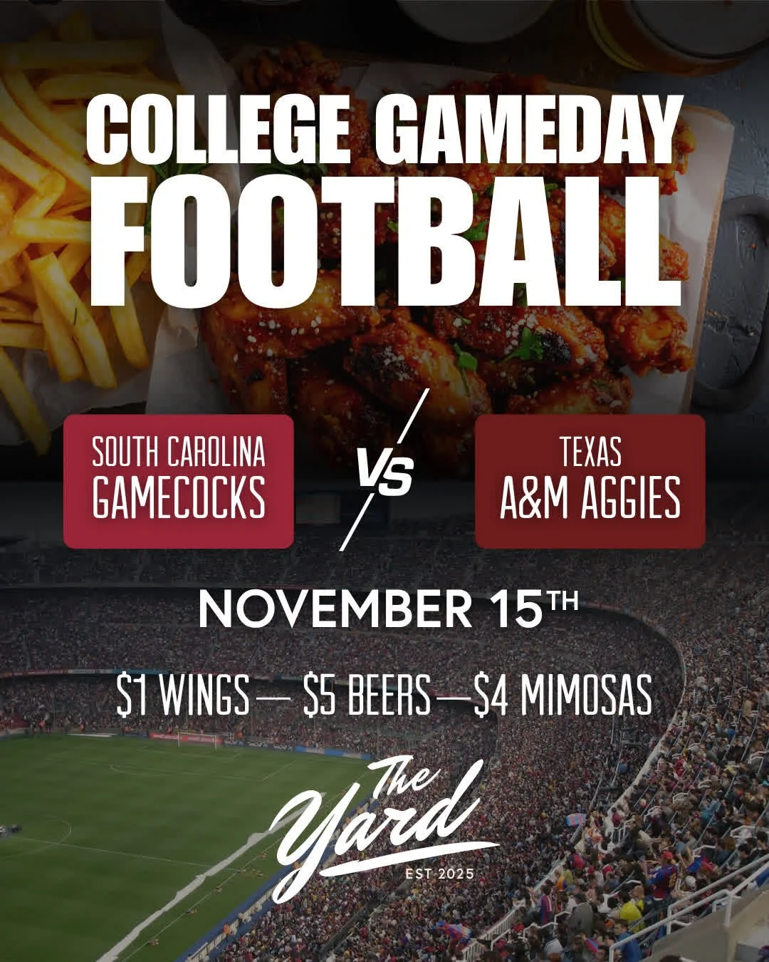 Rise and roar, Columbia! 🏈 Food's hot, beers cold, and Carolina's taking on A&amp;M.

#TheYardCola #GameDayBrunch #GamecockNation #FootballAndFood #DowntownColumbia #SECFootball #BigScreenEnergy #EarlyKickoff
