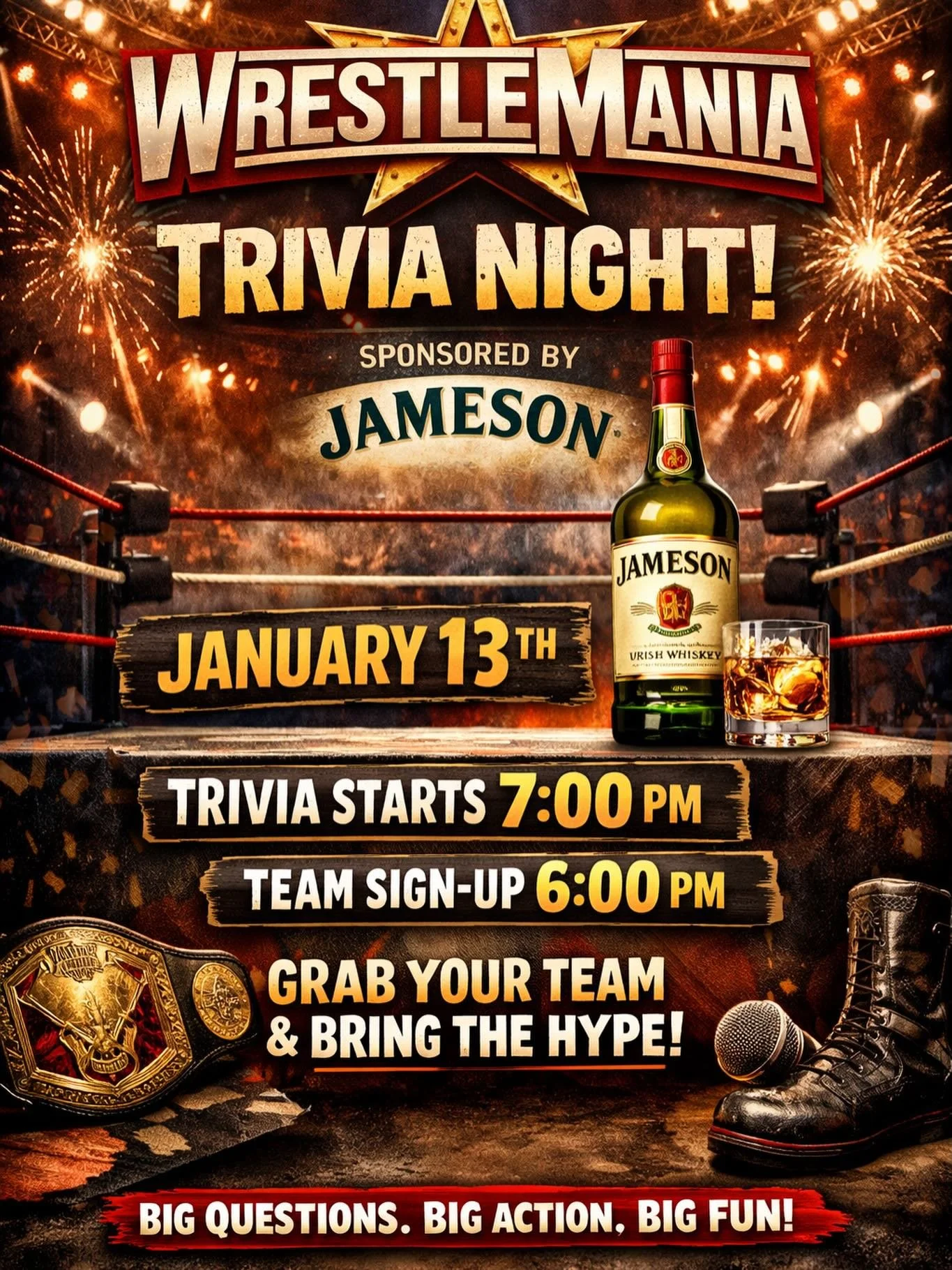 Body slams, brain power, and bragging rights 💪. 
&bull;
&bull;
&bull;
See you at The Yard next Tuesday for some Wrestlemania fun. Team sign-up starts at 6:00pm.