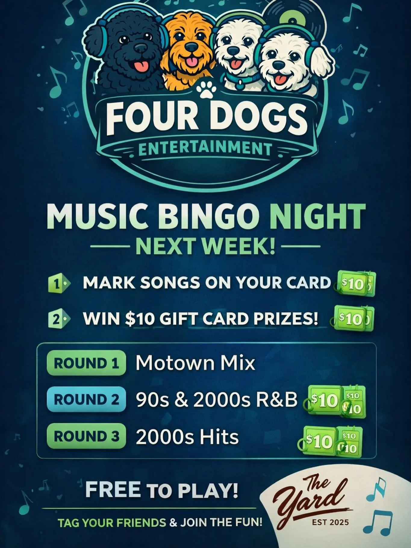 It's that time again!
&bull;
Join us next Tuesday 02/10 at The Yard for some music bingo!
&bull;
Team sign up starts at 6:00pm, Bingo starts at 7:00pm. Hope to see you all there!🥳