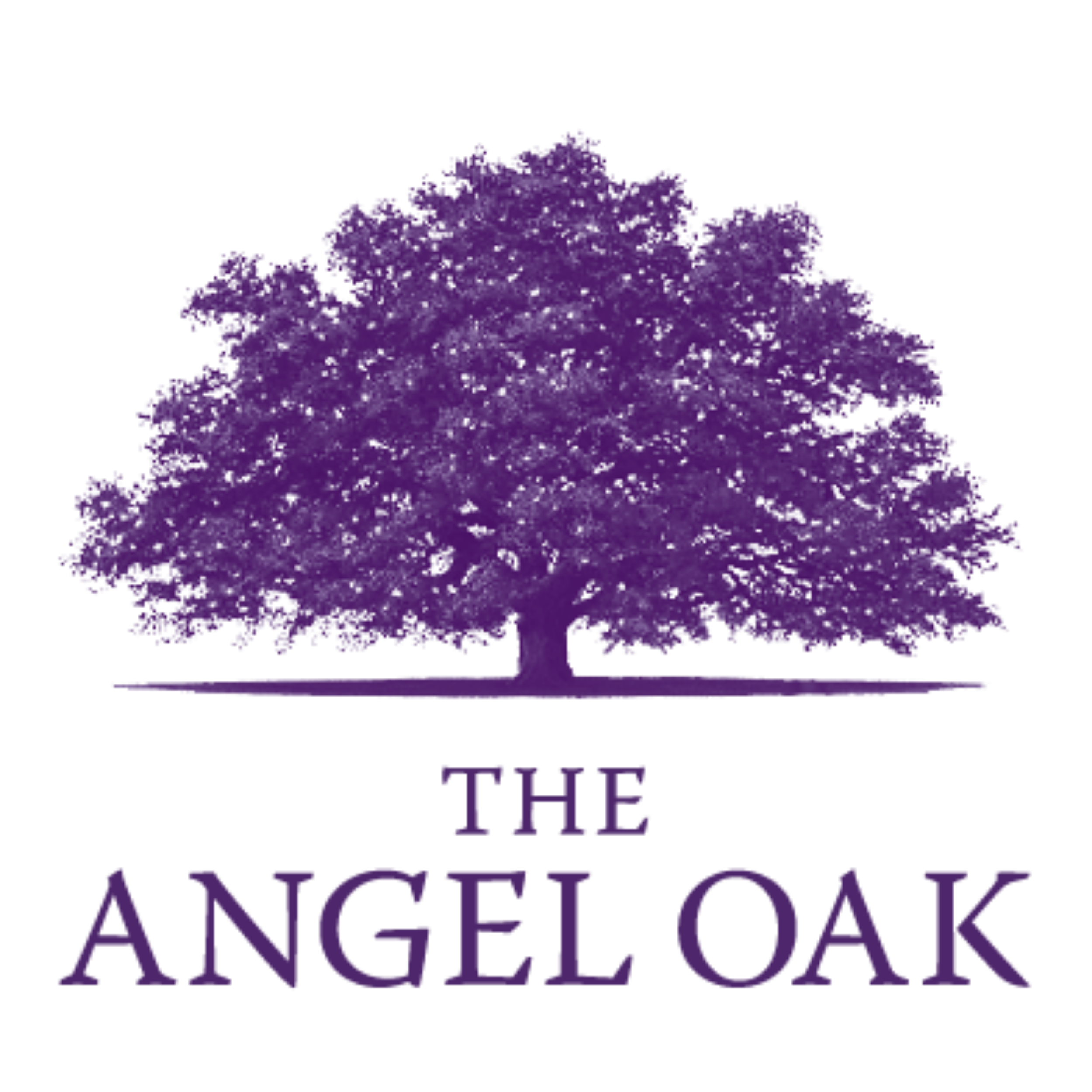 Illustration of a tree with purple leaves and the words 'The Angel Oak' beneath it.