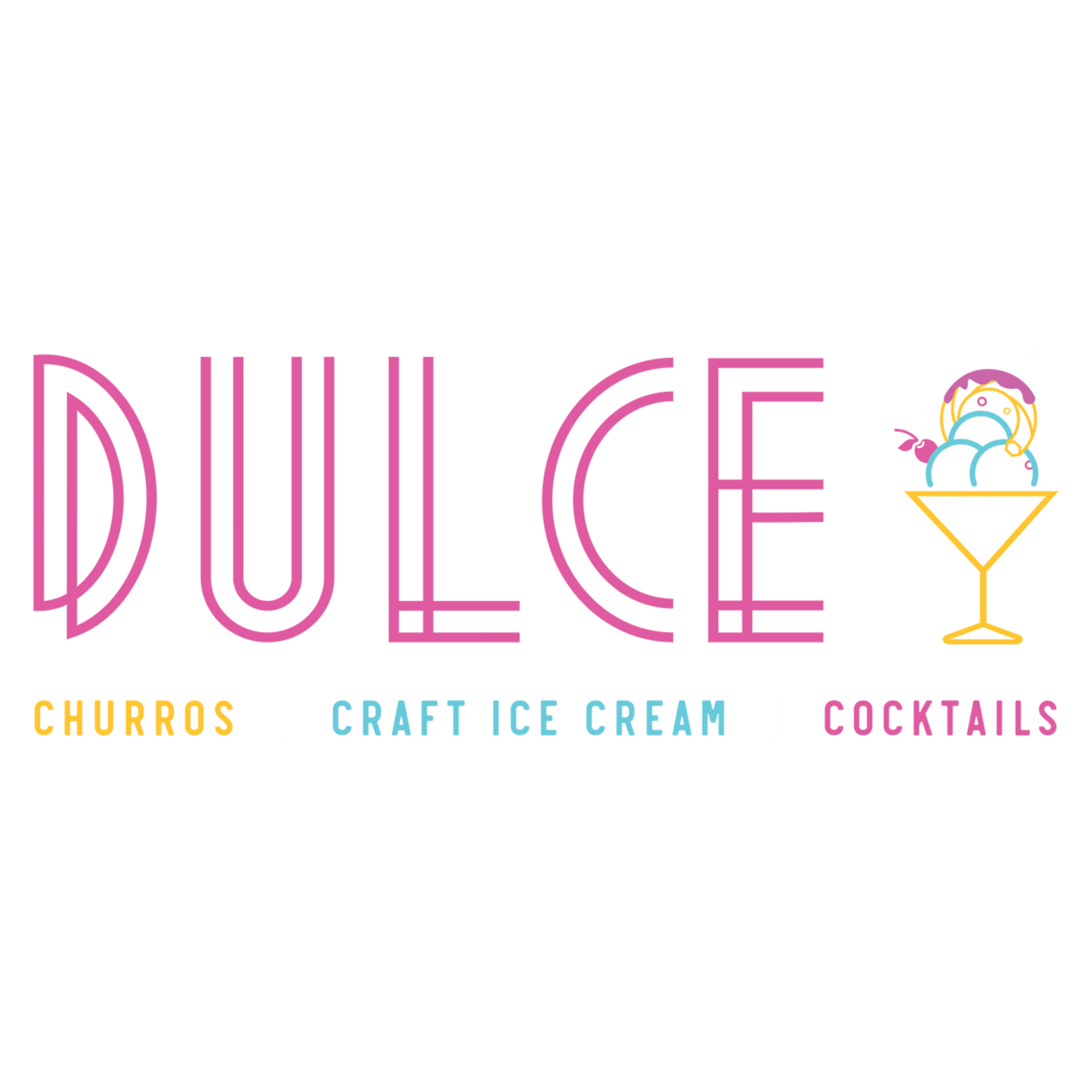 Bright neon sign spelling out 'DULCE' with a martini glass overflowing with colorful ice cream, advertising churros, craft ice cream, and cocktails.