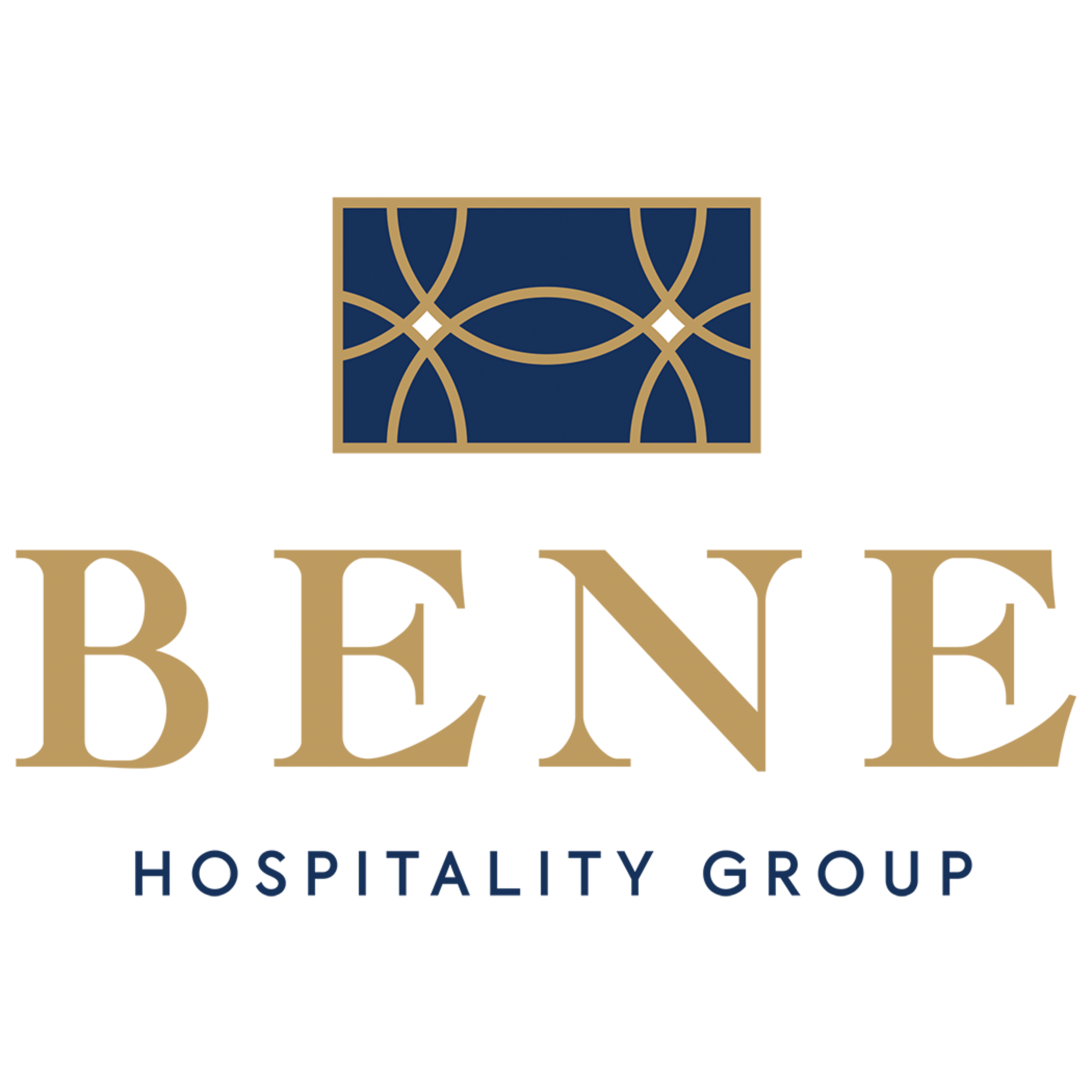 Logo of BENE Hospitality Group featuring a blue and gold geometric design and the words 'BENE HOSPITALITY GROUP' in gold and black