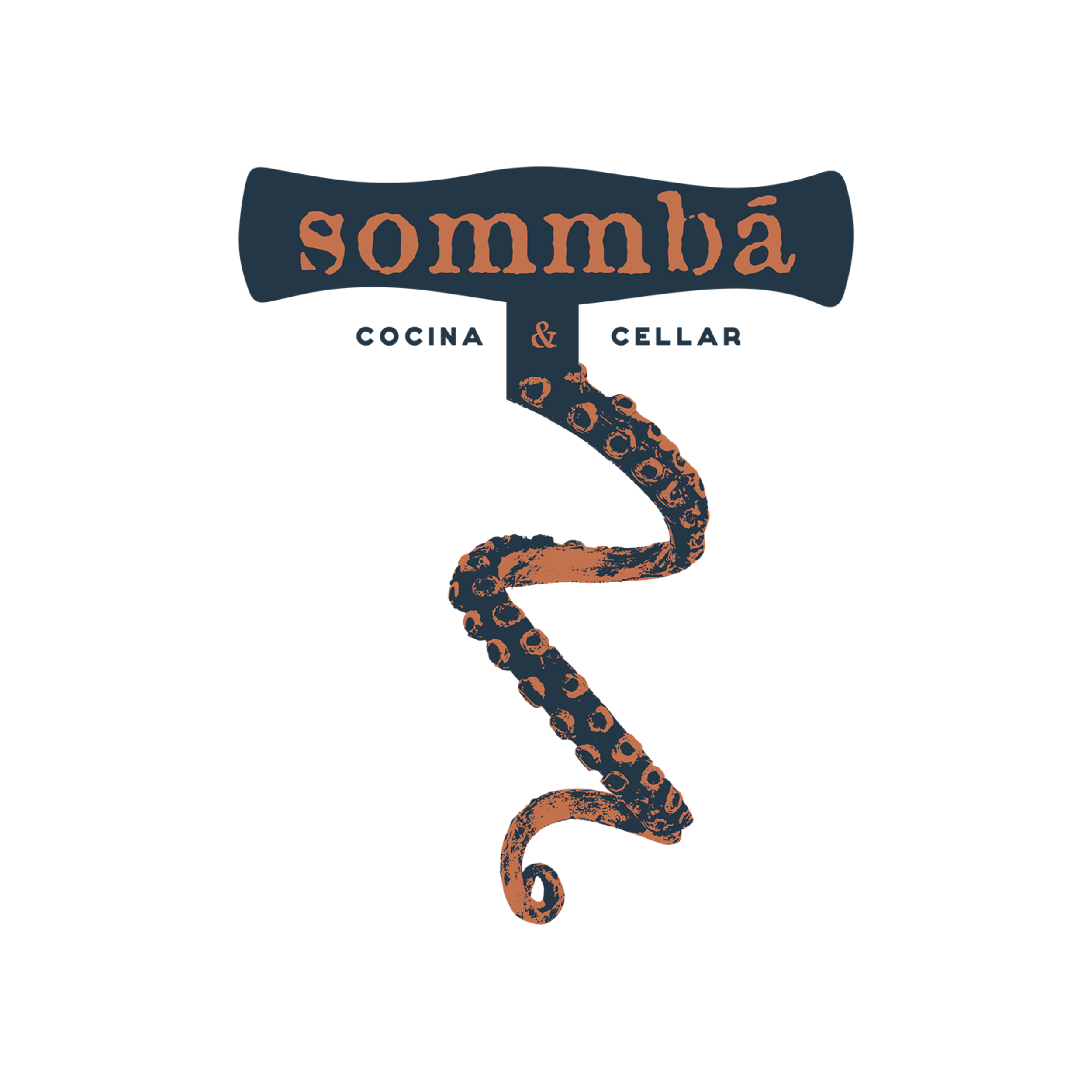 A logo for 'sommá cocha & callar' featuring a stylized octopus with the tentacles wrapping downward, with the brand name in a prominent banner at the top.