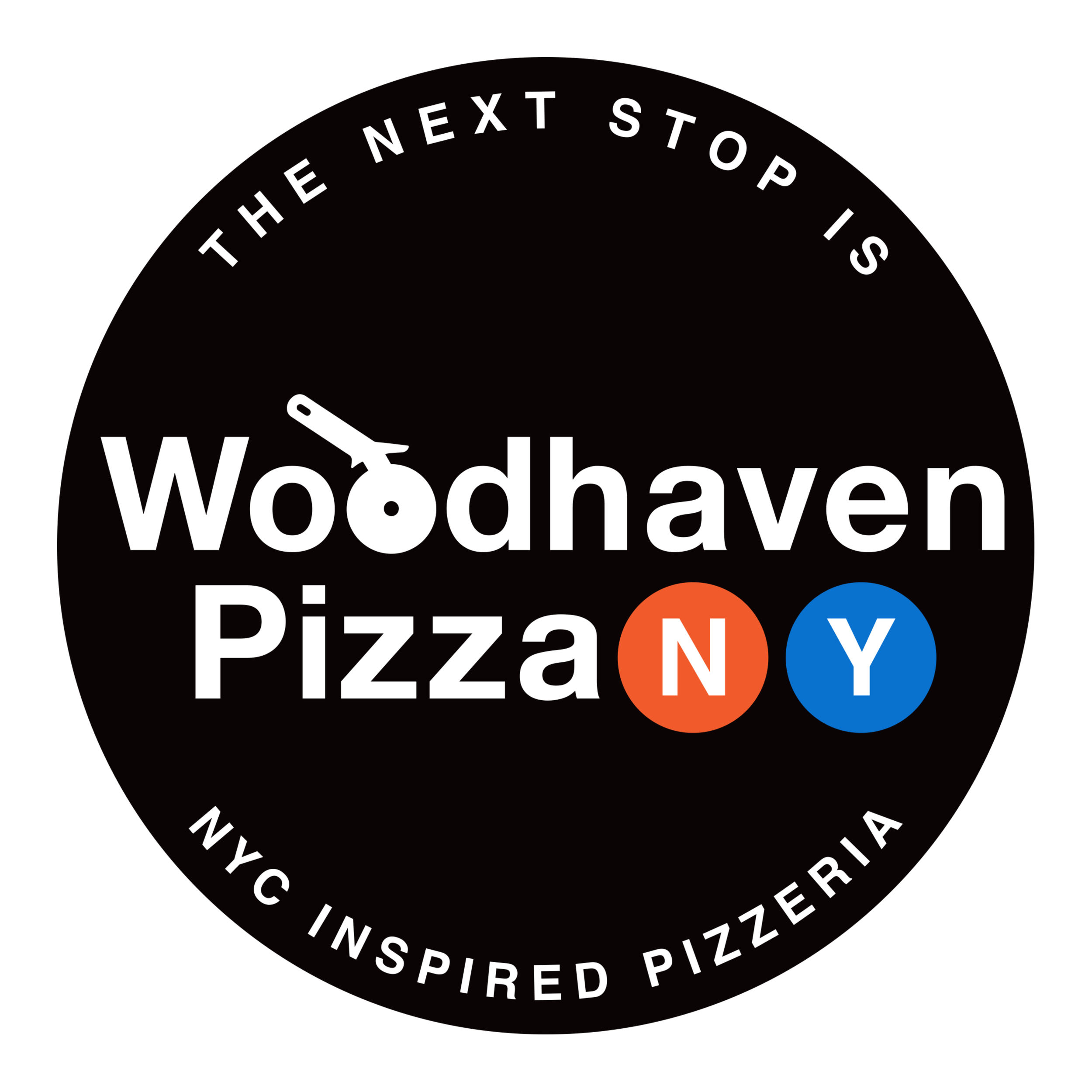 Black circular logo for Woodhaven Pizza in NYC, with slogan 'The Next Stop Is NY Inspired Pizzeria', featuring a pizza cutter icon and the letters N and Y in orange and blue circles.